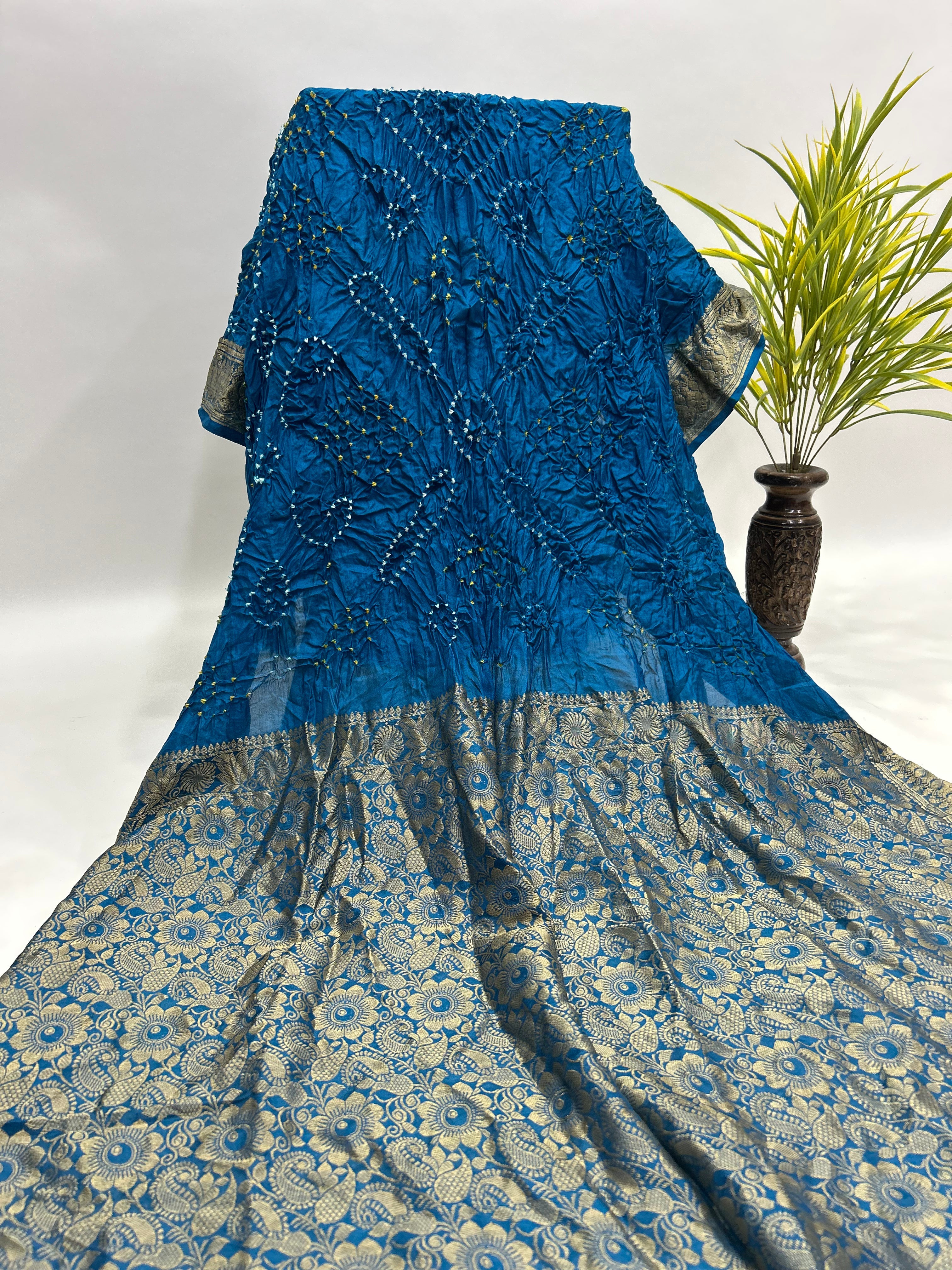 Indigo Soft Silk Resham Palav Bandhani Saree dodgerblue / Soft Silk Sarees