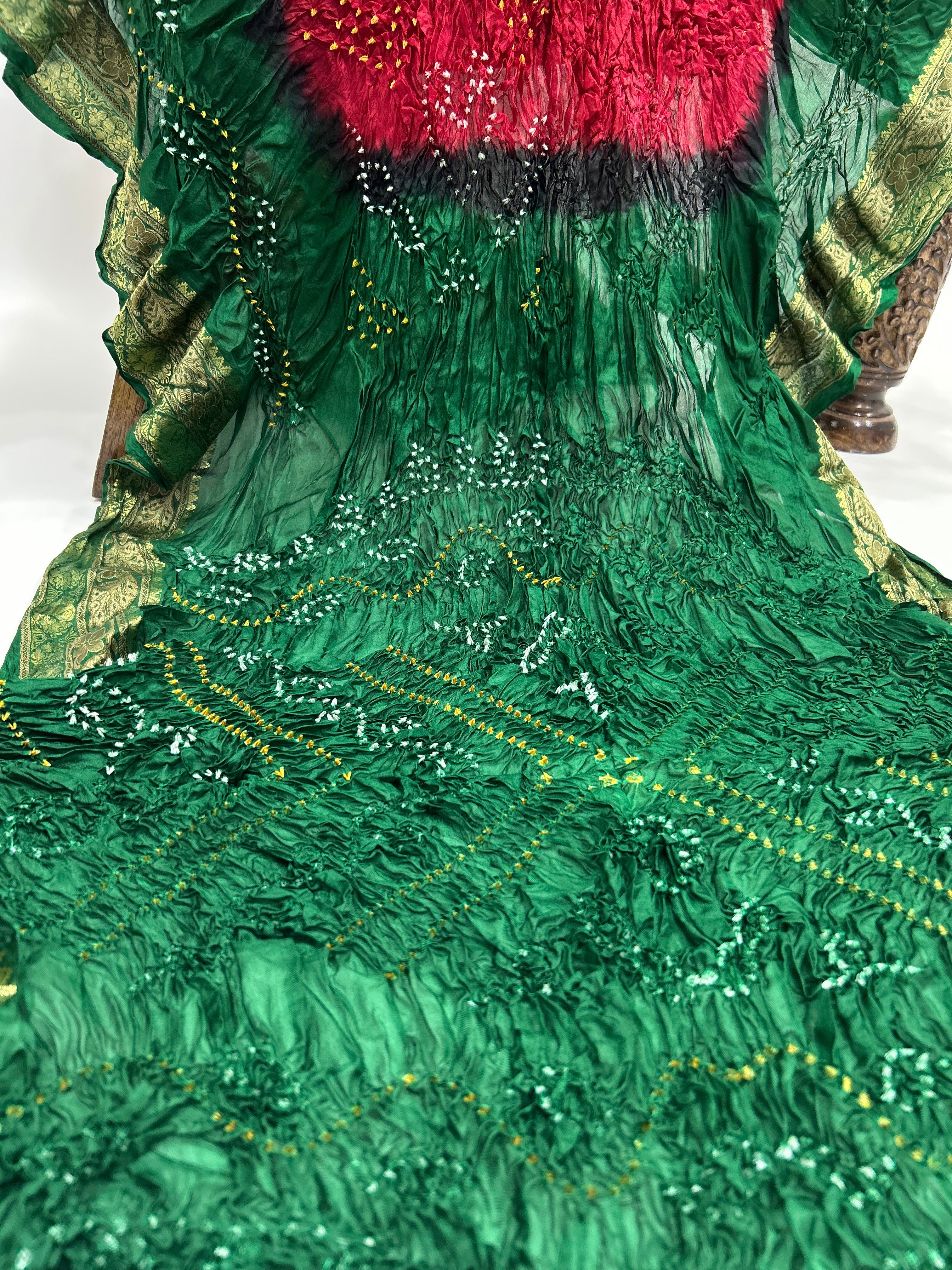 Maroon & Green Soft Silk Resham Palav Bandhani Saree green / Soft Silk Sarees