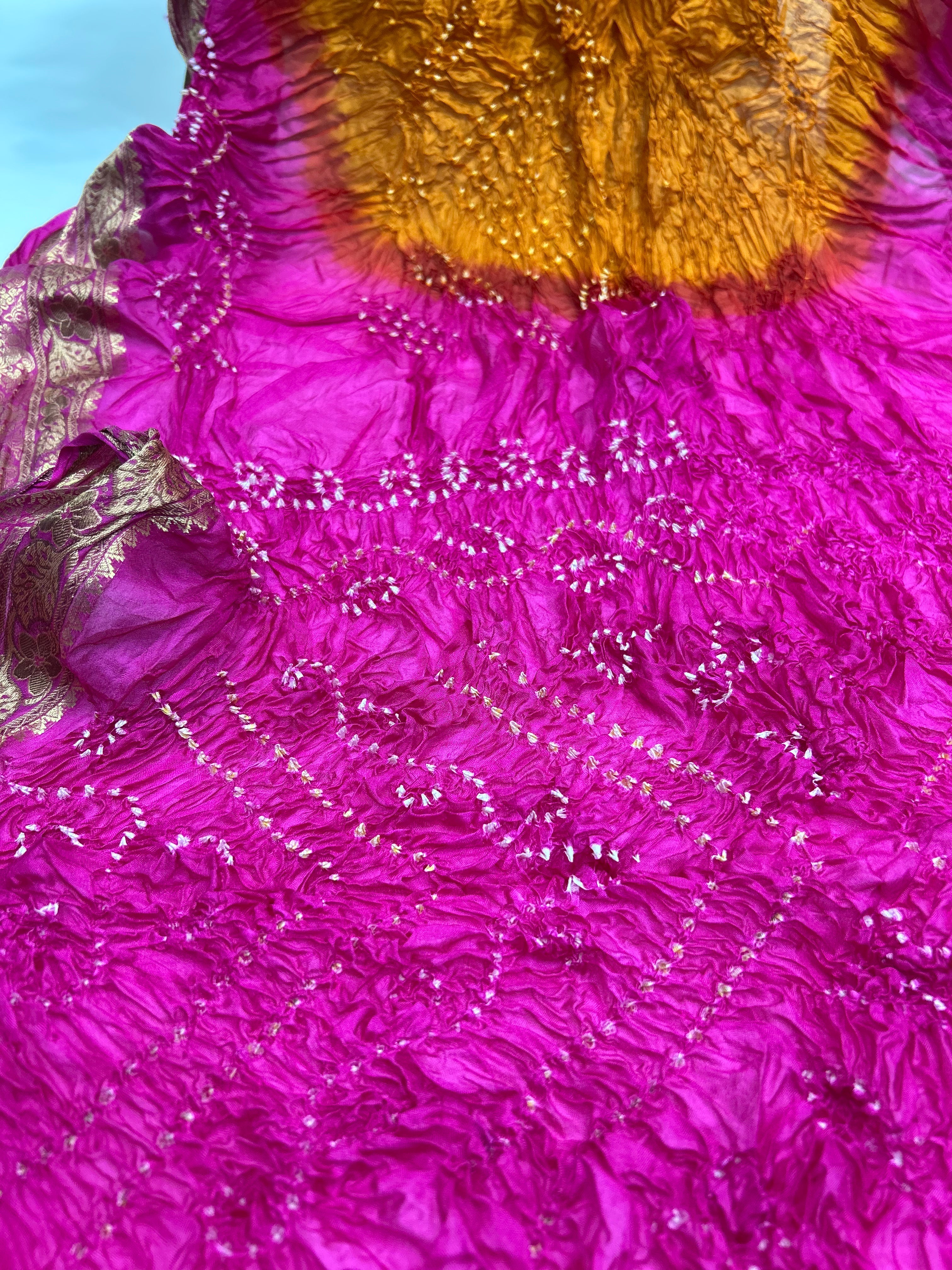 Mustard & Magenta Soft Silk Resham Palav Bandhani Saree magenta / Soft Silk Sarees