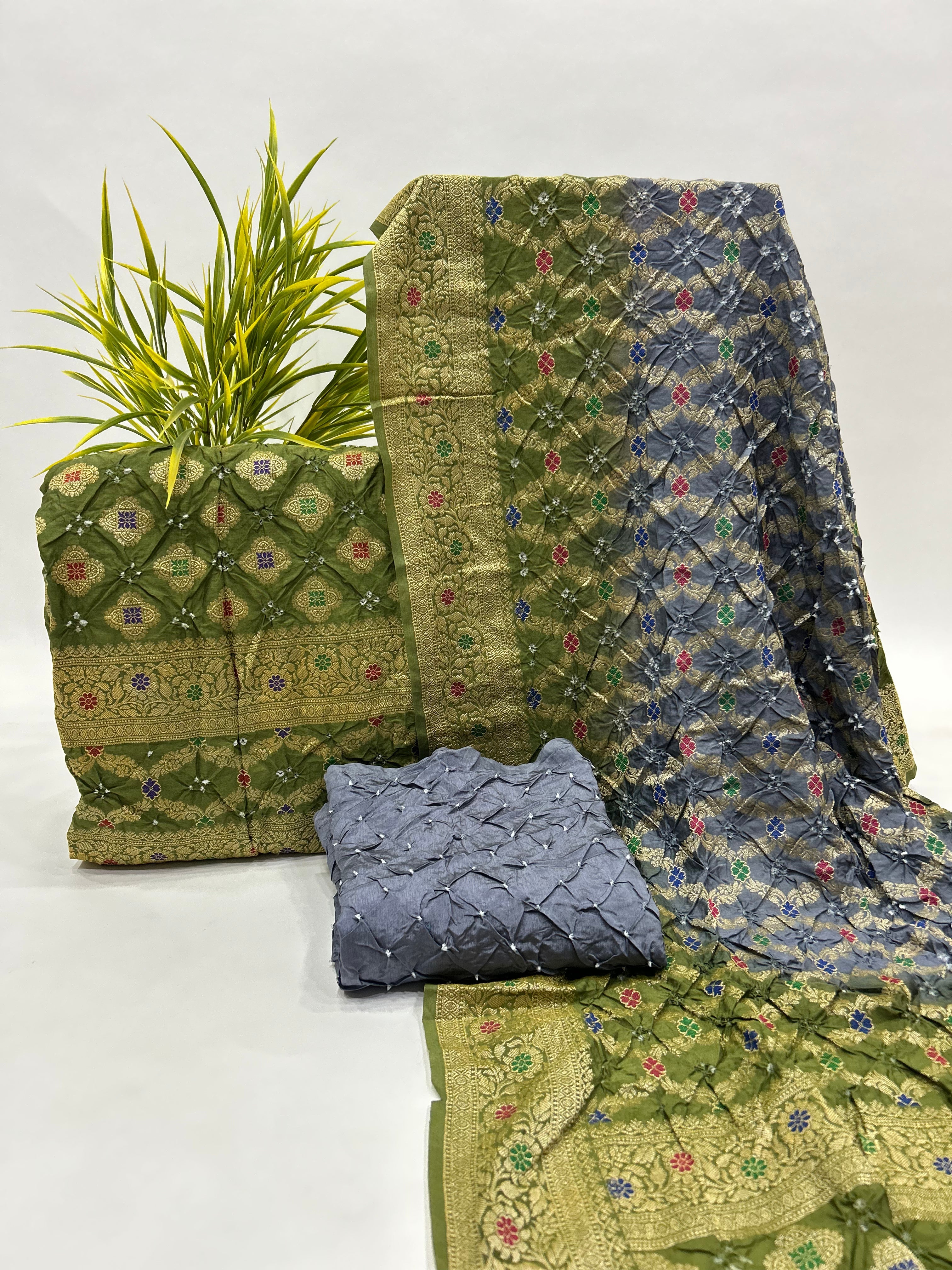 Olive & Grey Art Dupion Butta Bandhani Dress Material green / Art Silk Dresses