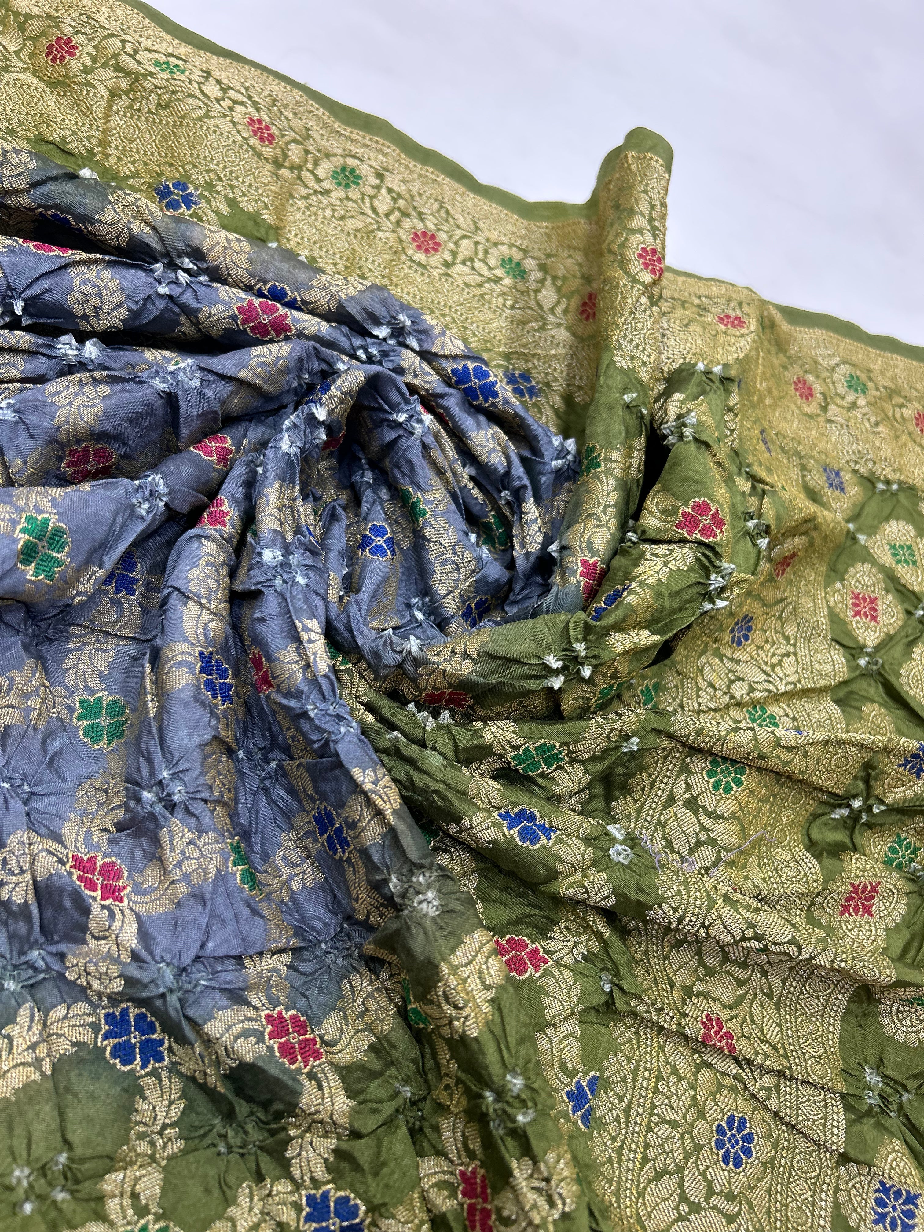 Olive & Grey Art Dupion Butta Bandhani Dress Material green / Art Silk Dresses