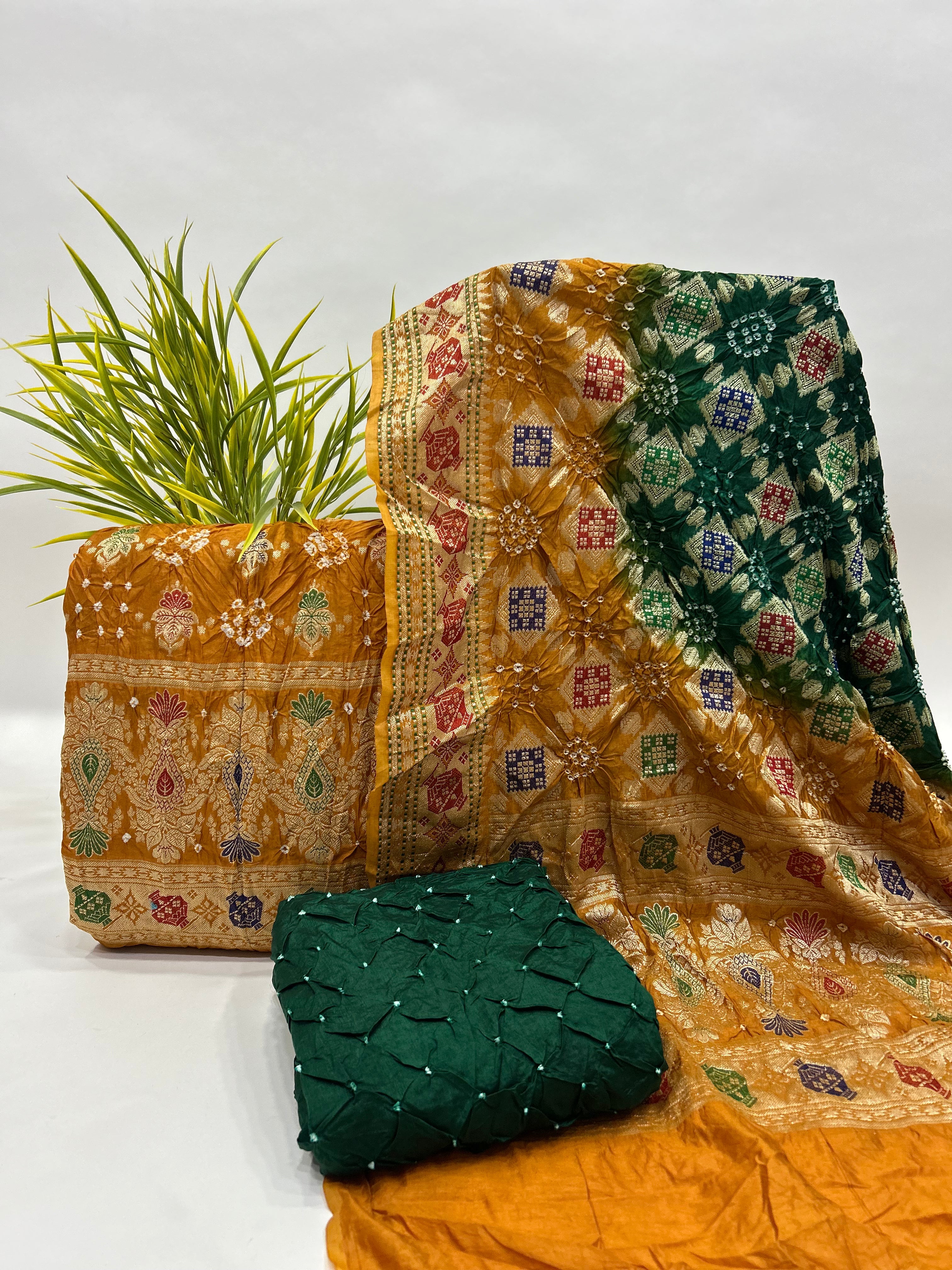 Mustard & Green Art Dupion Butta Bandhani Dress Material darkorange / Art Silk Dresses