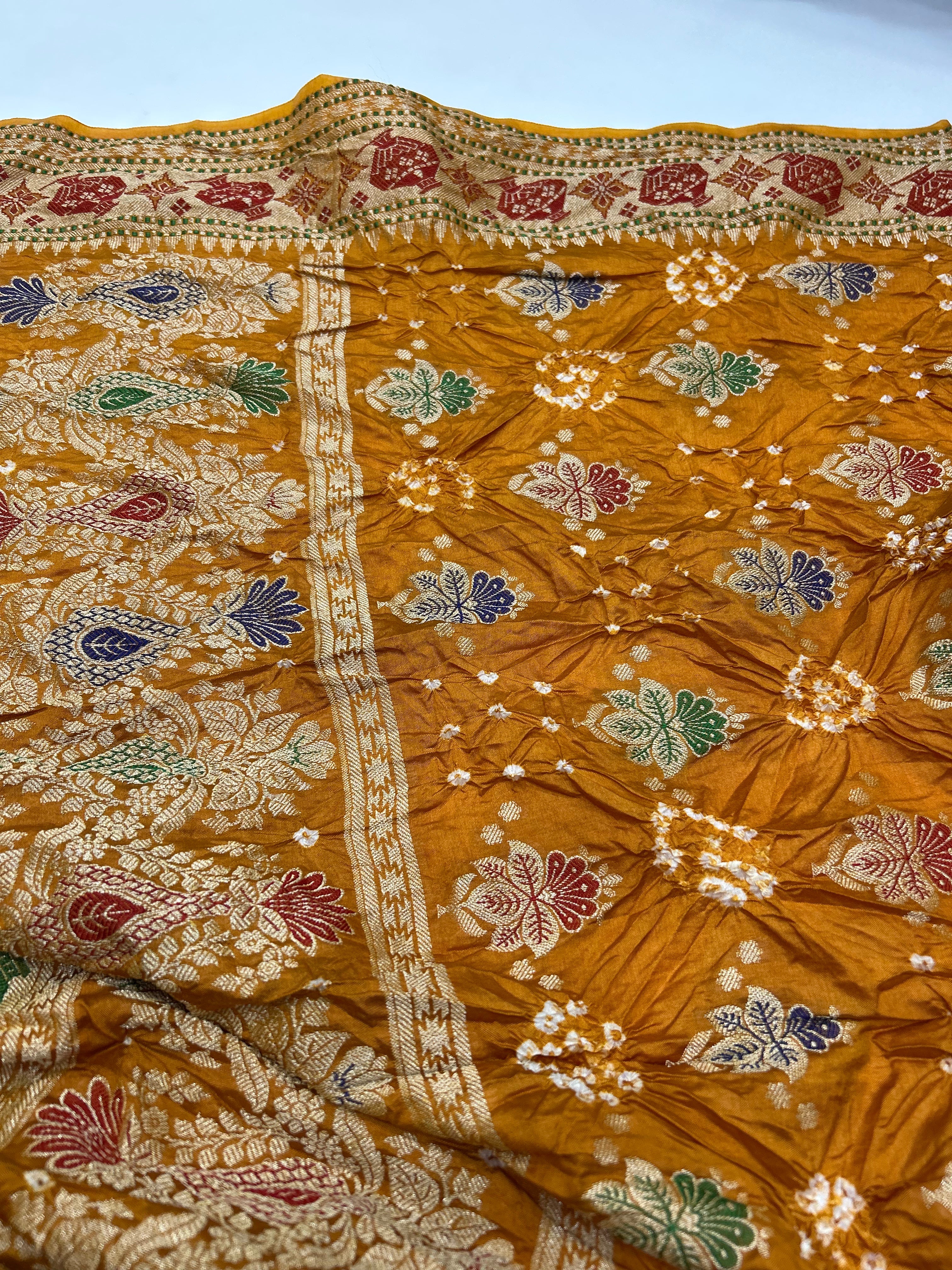 Mustard & Green Art Dupion Butta Bandhani Dress Material darkorange / Art Silk Dresses