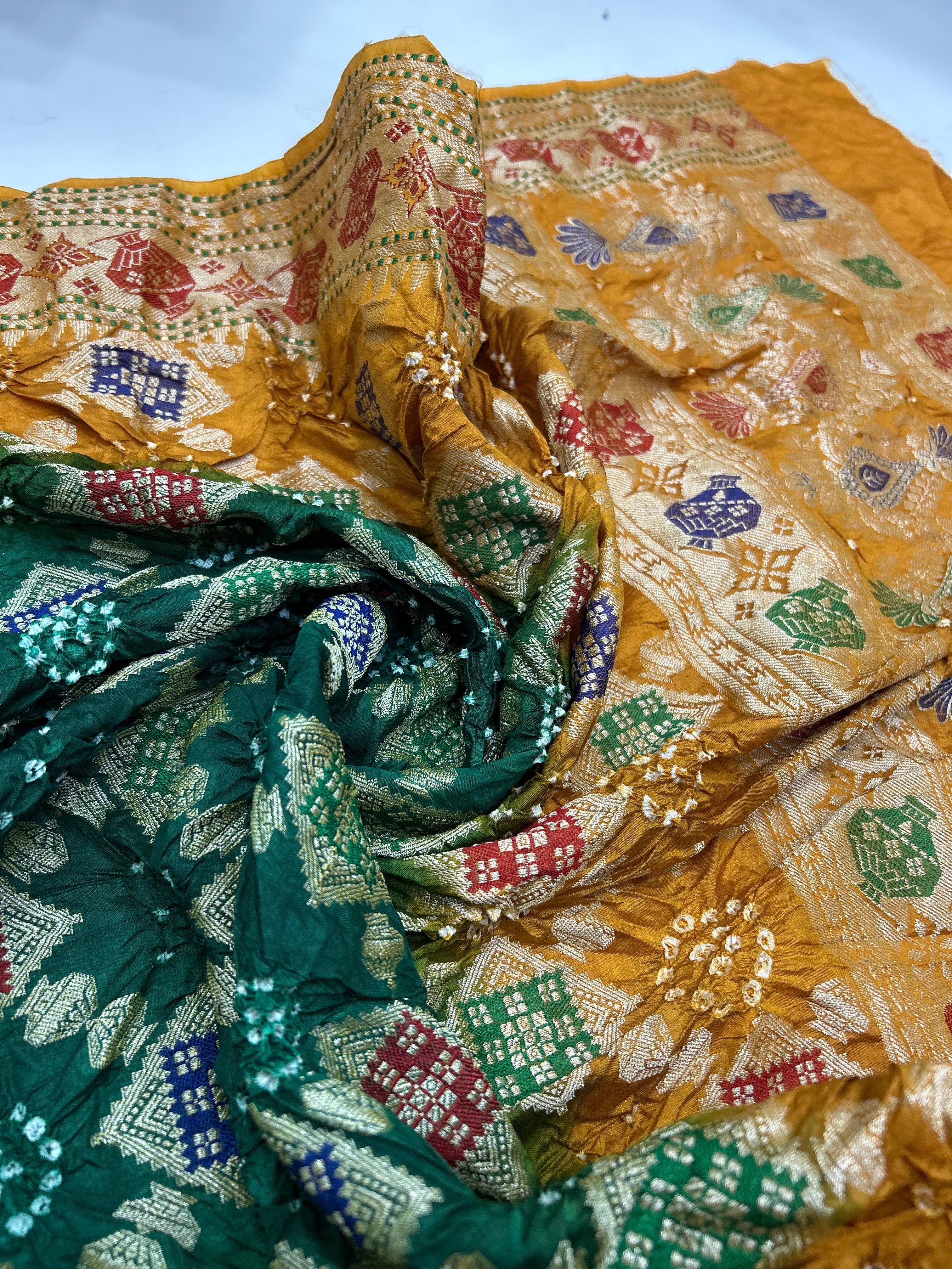 Mustard & Green Art Dupion Butta Bandhani Dress Material darkorange / Art Silk Dresses