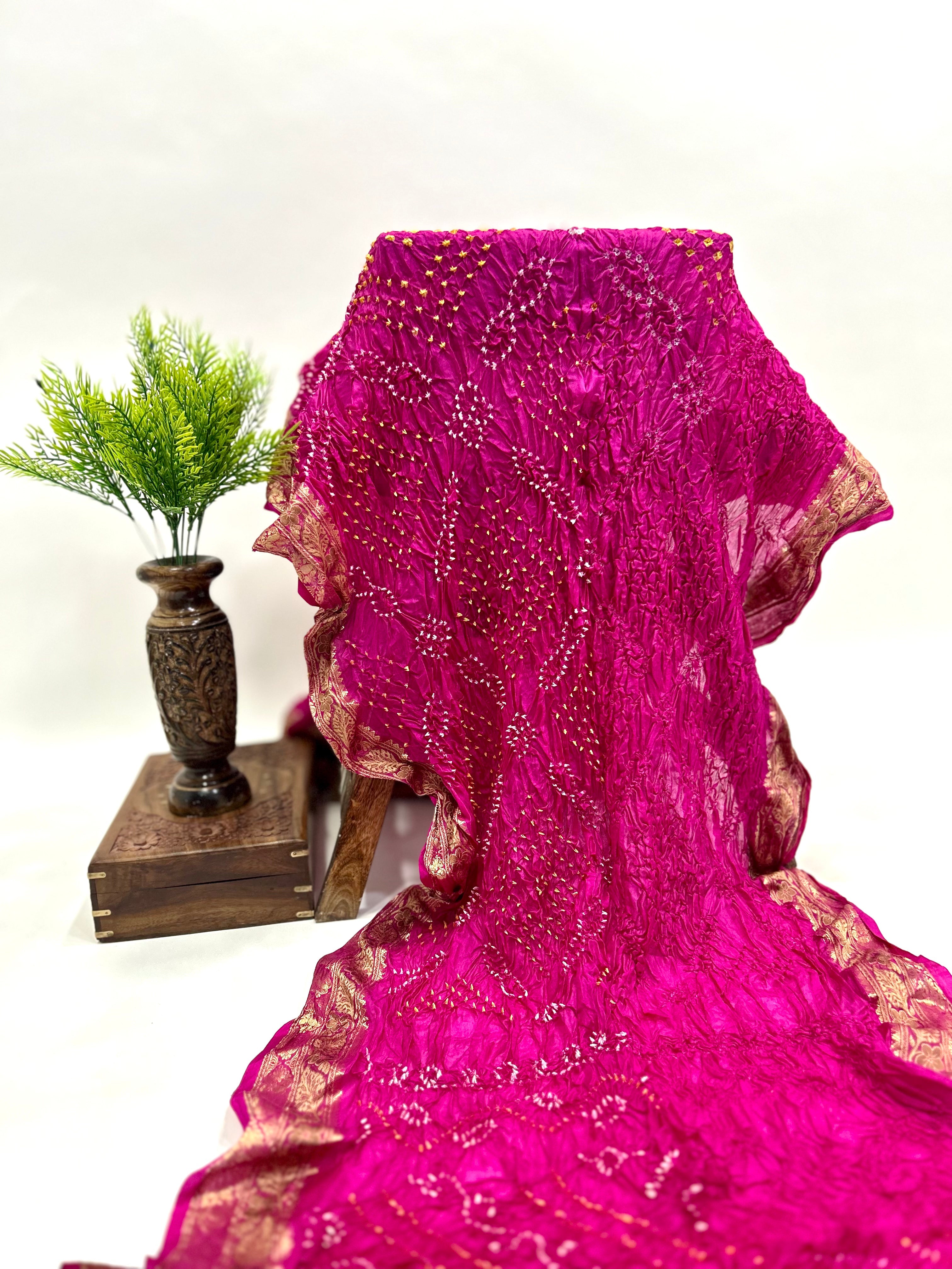 Rani Soft Silk Resham Border Bandhani Saree deeppink / Soft Silk Sarees