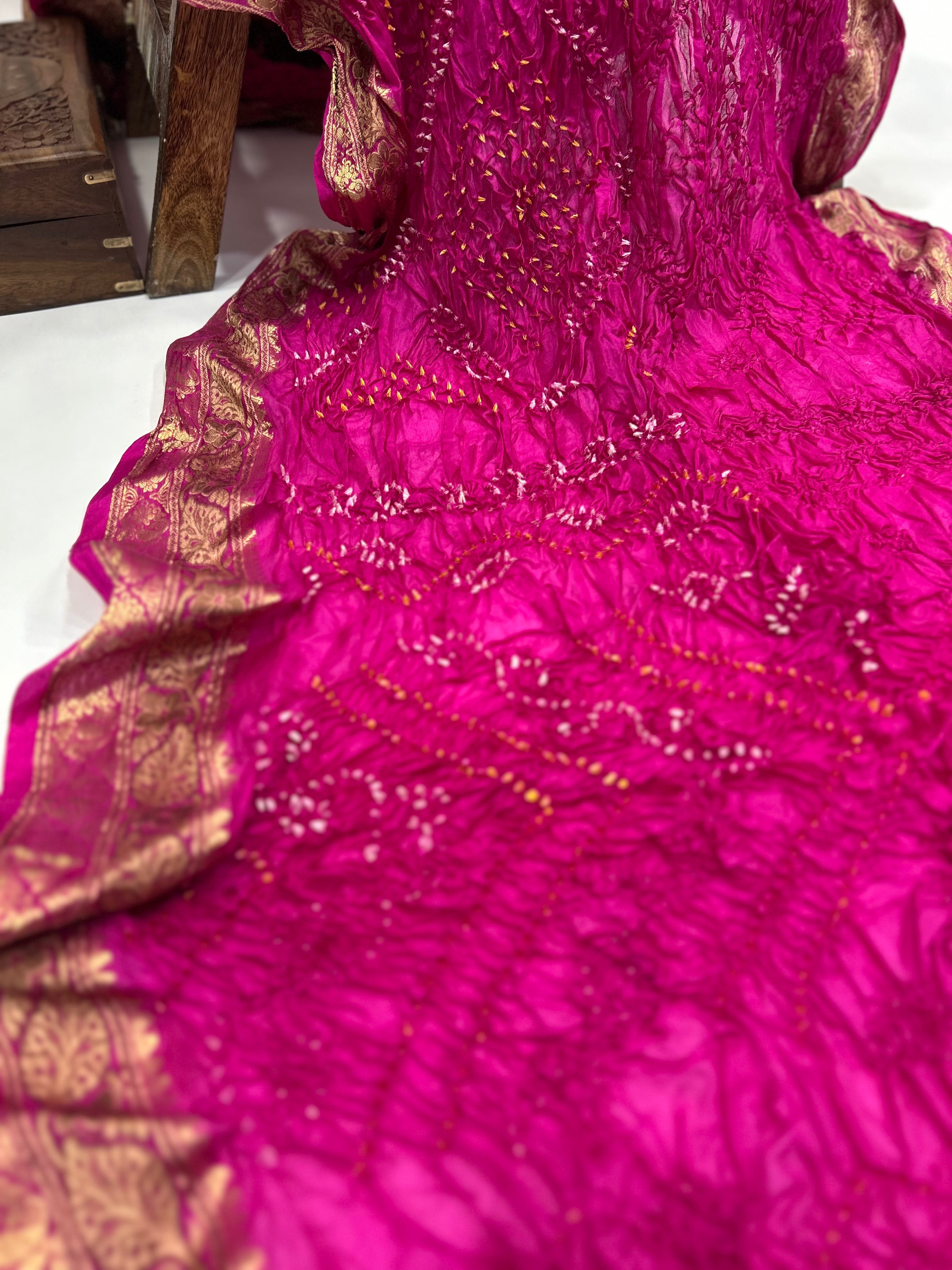 Rani Soft Silk Resham Border Bandhani Saree deeppink / Soft Silk Sarees