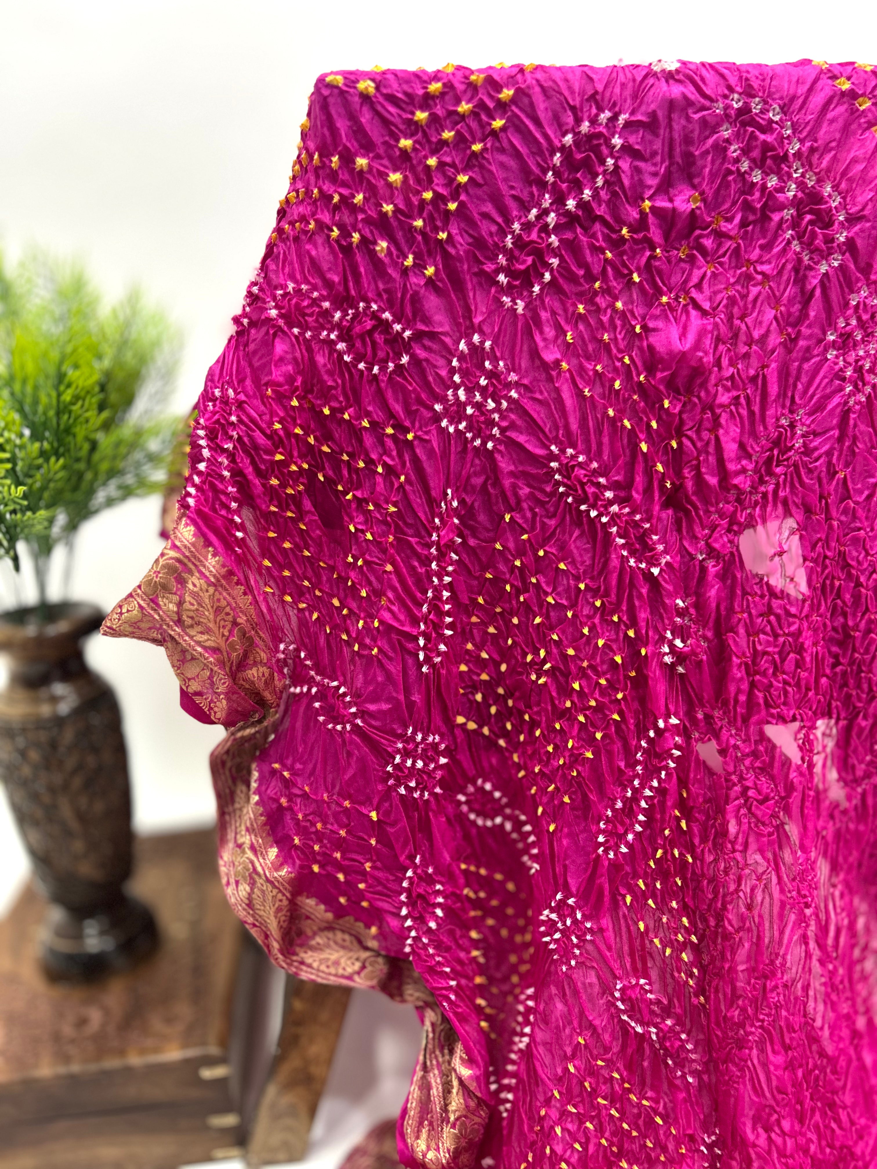 Rani Soft Silk Resham Border Bandhani Saree deeppink / Soft Silk Sarees