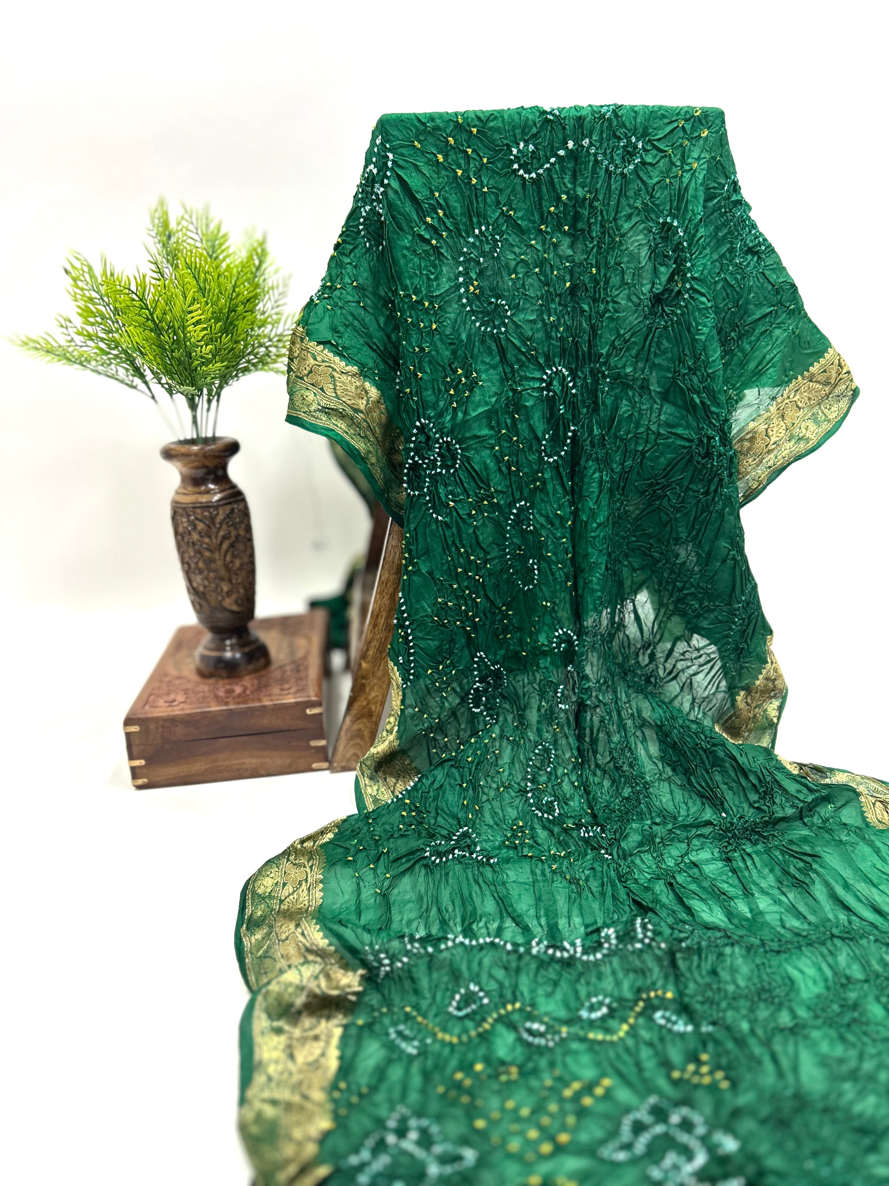 Green Soft Silk Resham Border Bandhani Saree seagreen / Soft Silk Sarees