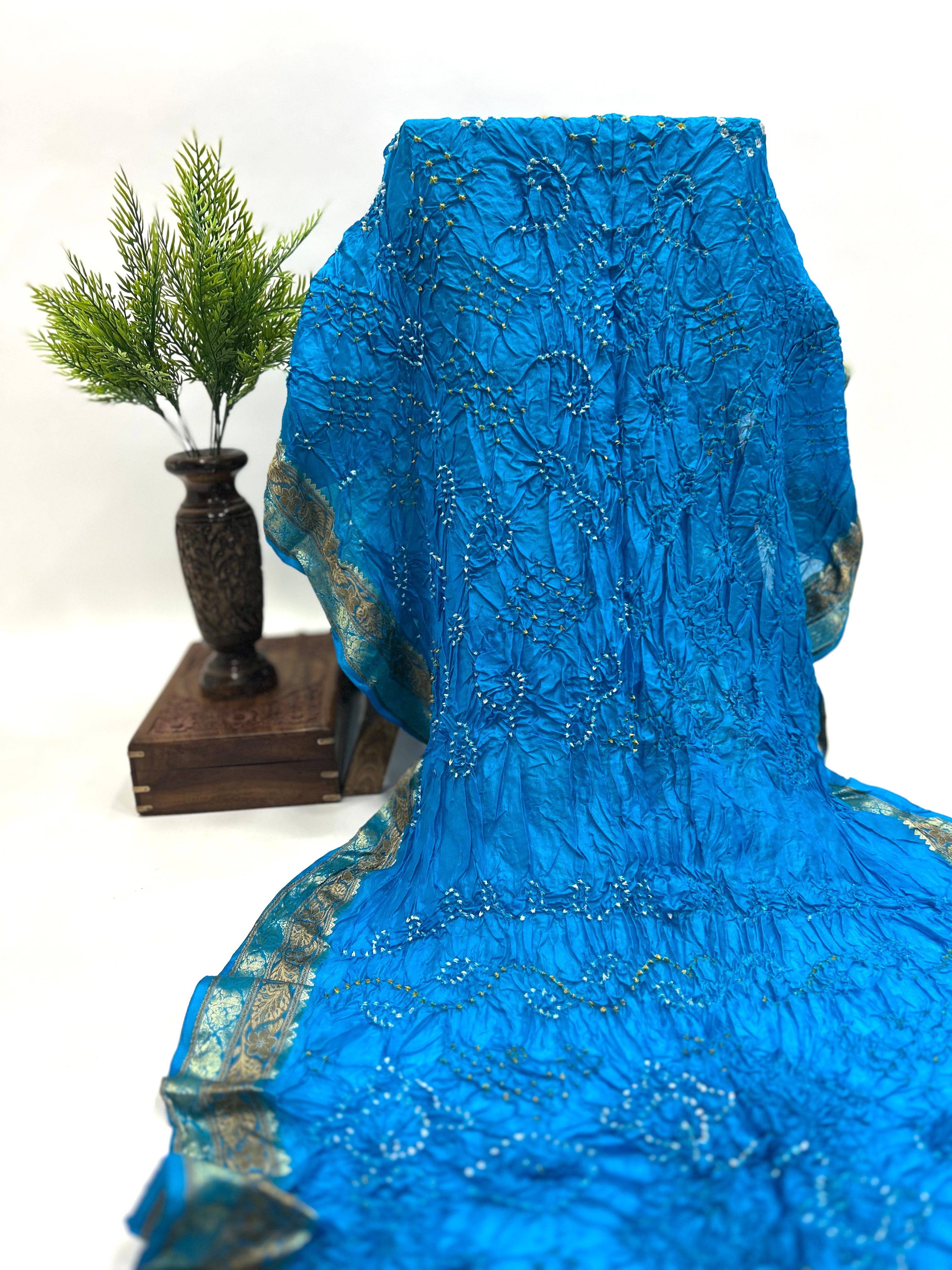 Firozi Soft Silk Resham Border Bandhani Saree