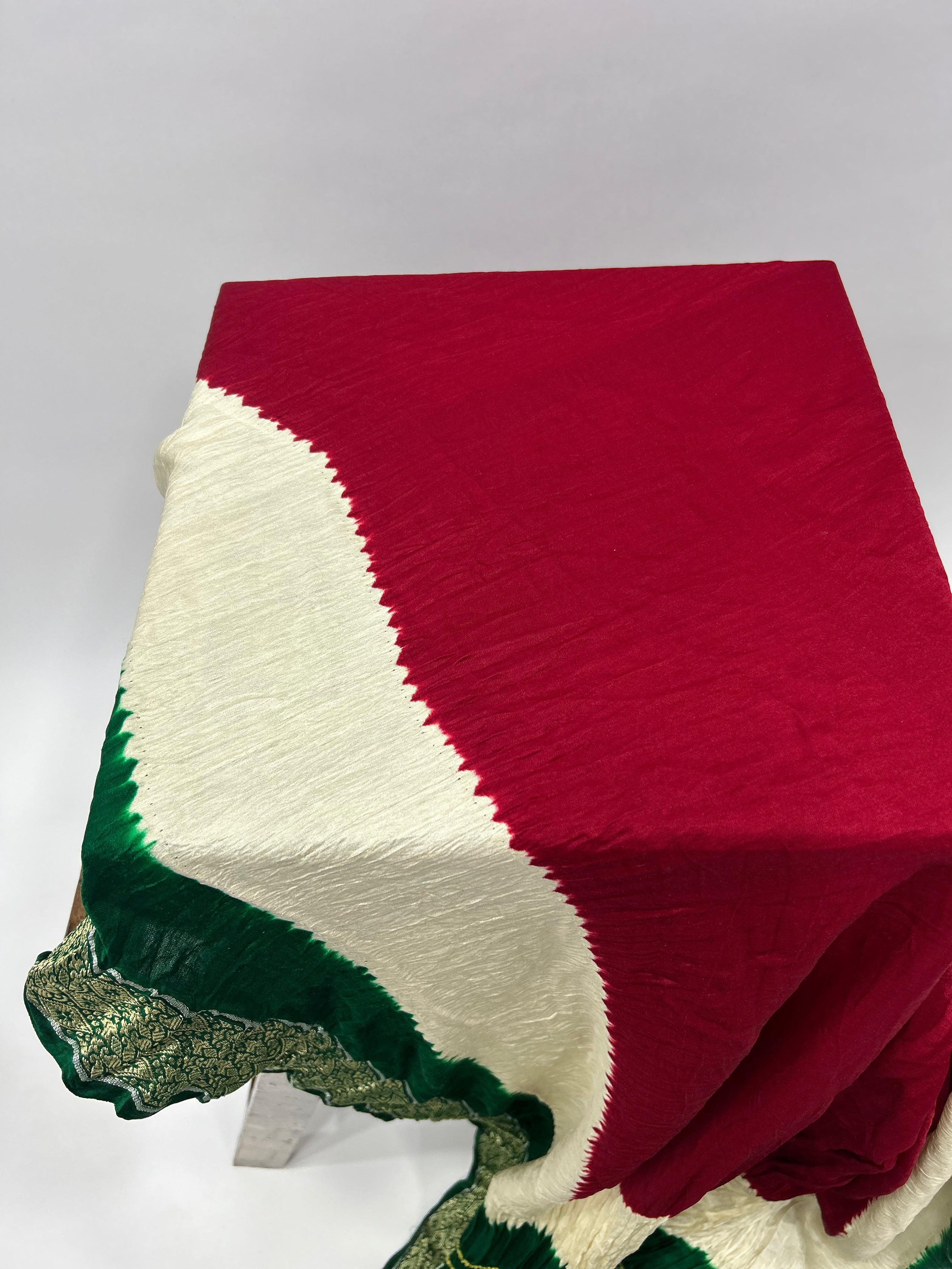 Maroon-Green Gajji Silk Designer Gala Saree With 3 Colour Dying green / Gajji Silk Sarees