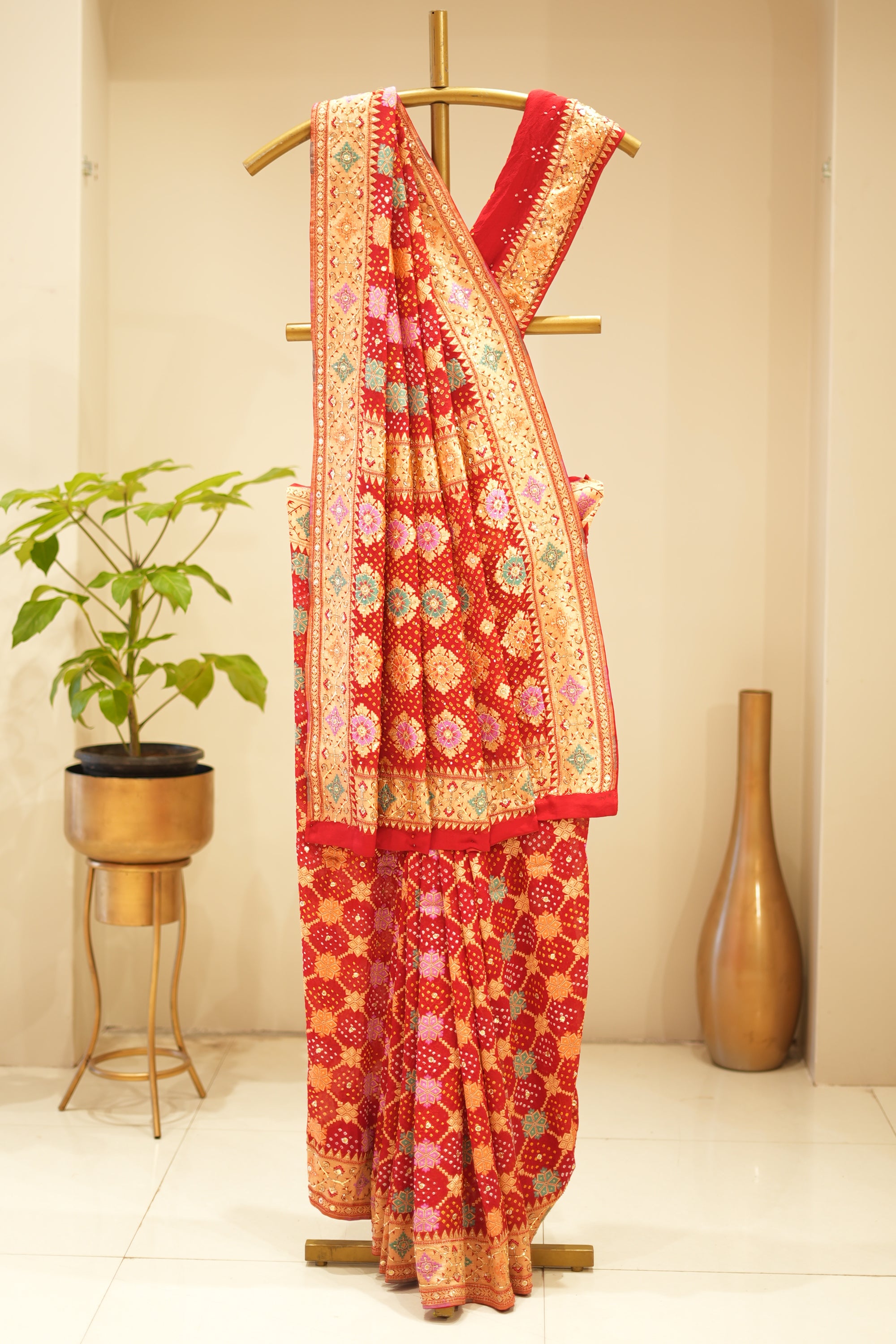 Red Georgette Meenakari Junglow Work Saree