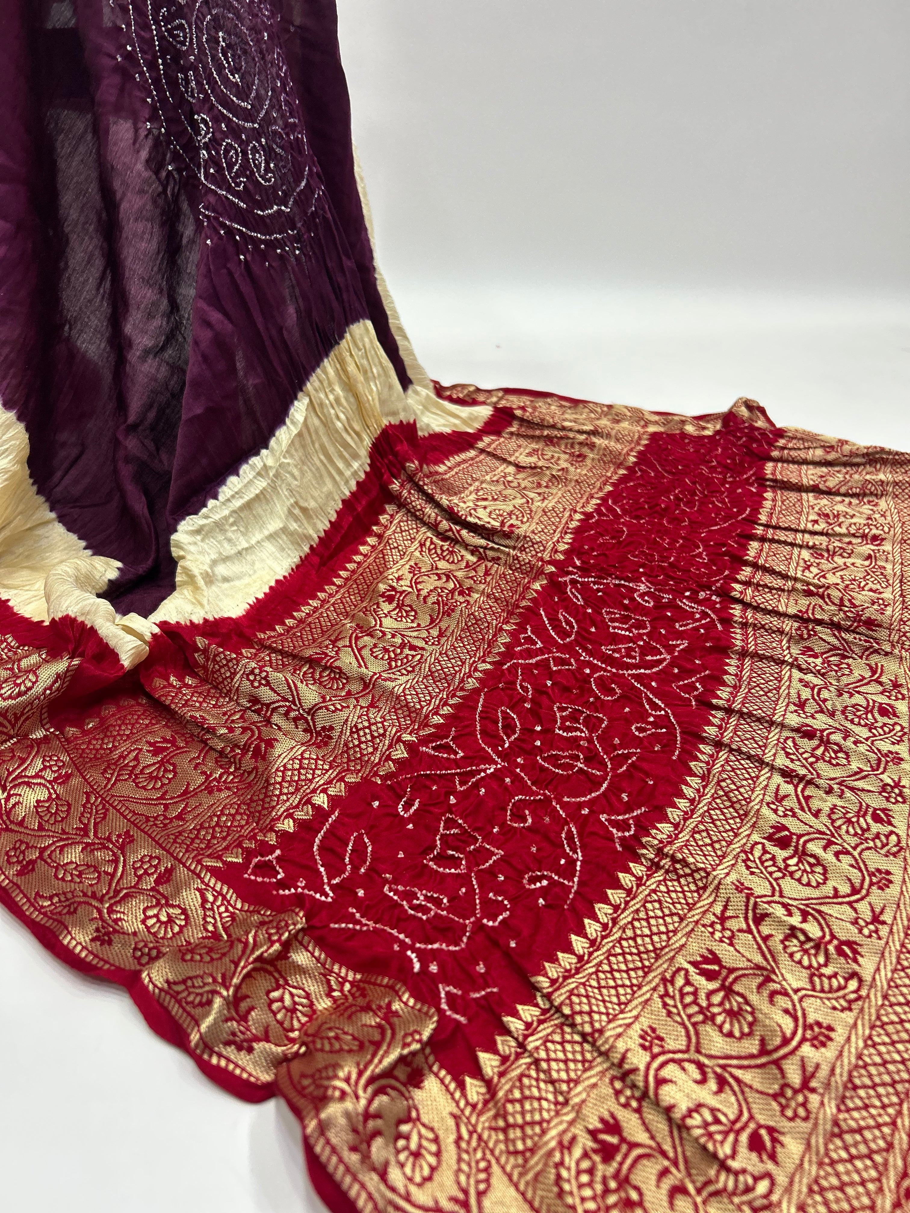 Wine-Maroon Gajji Silk Designer Gala Dupatta With 3 Colour Dying purple / Gajji Silk Dupattas