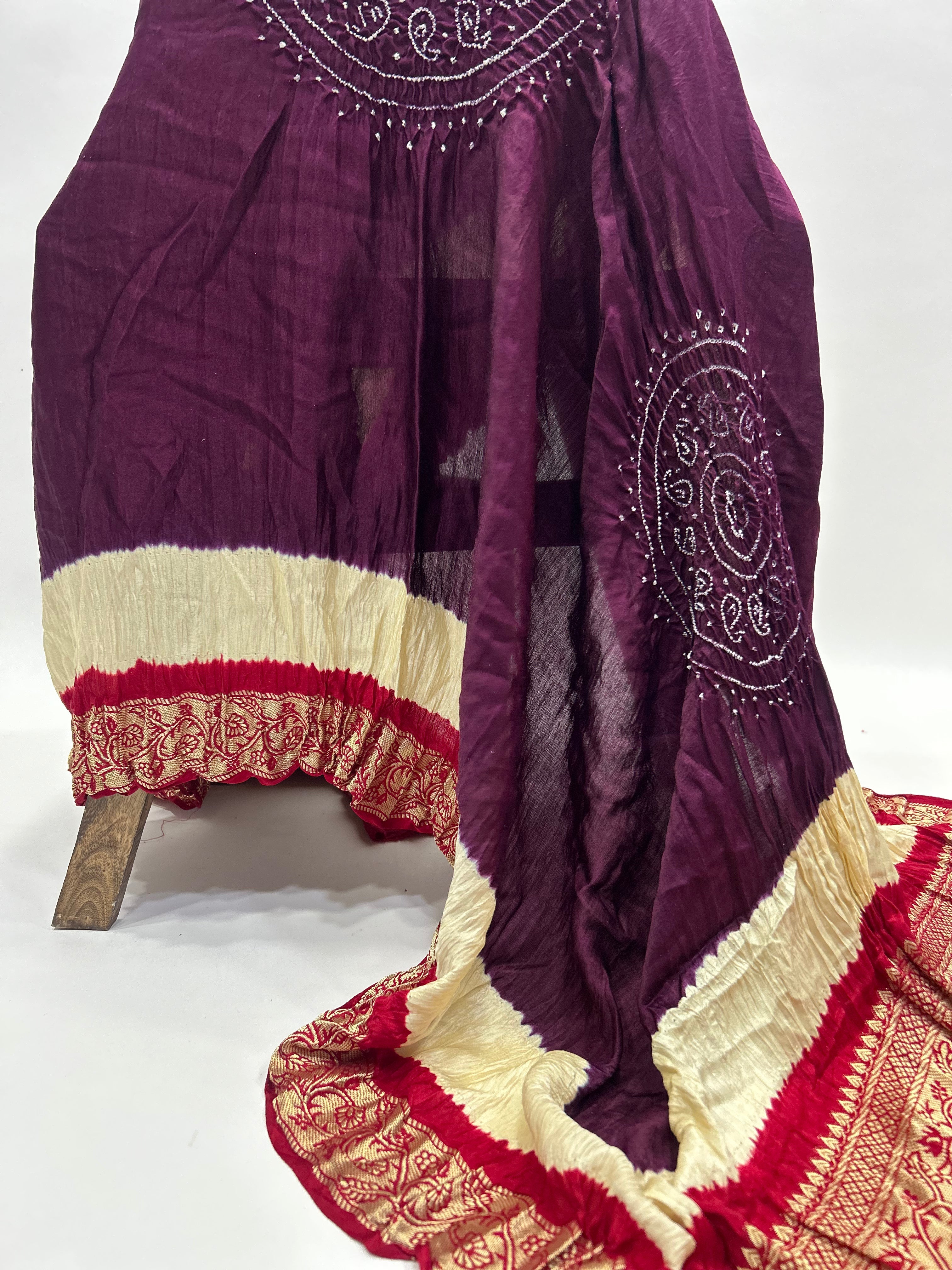 Wine-Maroon Gajji Silk Designer Gala Dupatta With 3 Colour Dying purple / Gajji Silk Dupattas