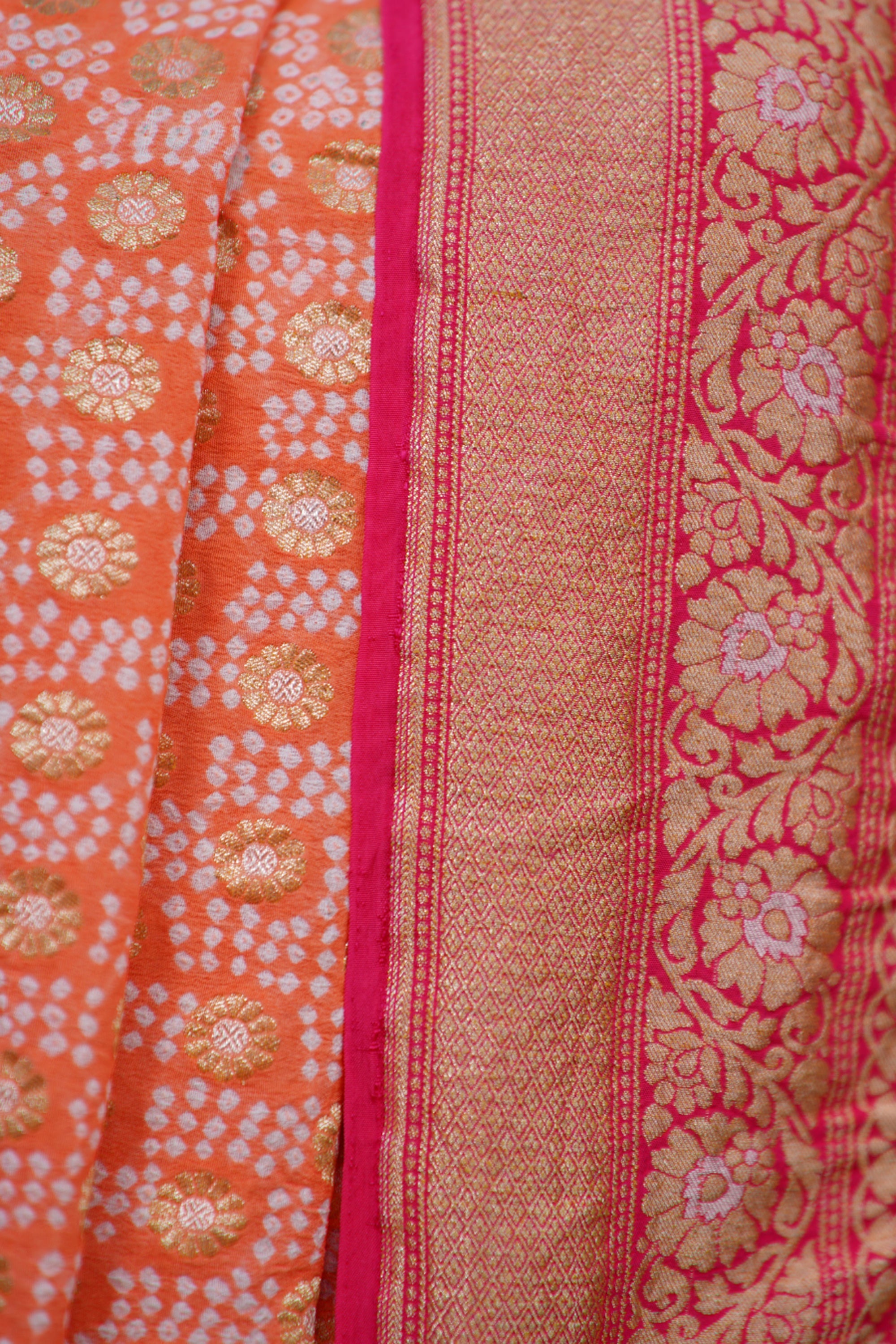 Orange And Strawberry Pink Georgette Banarasi Handloom Saree Sarees