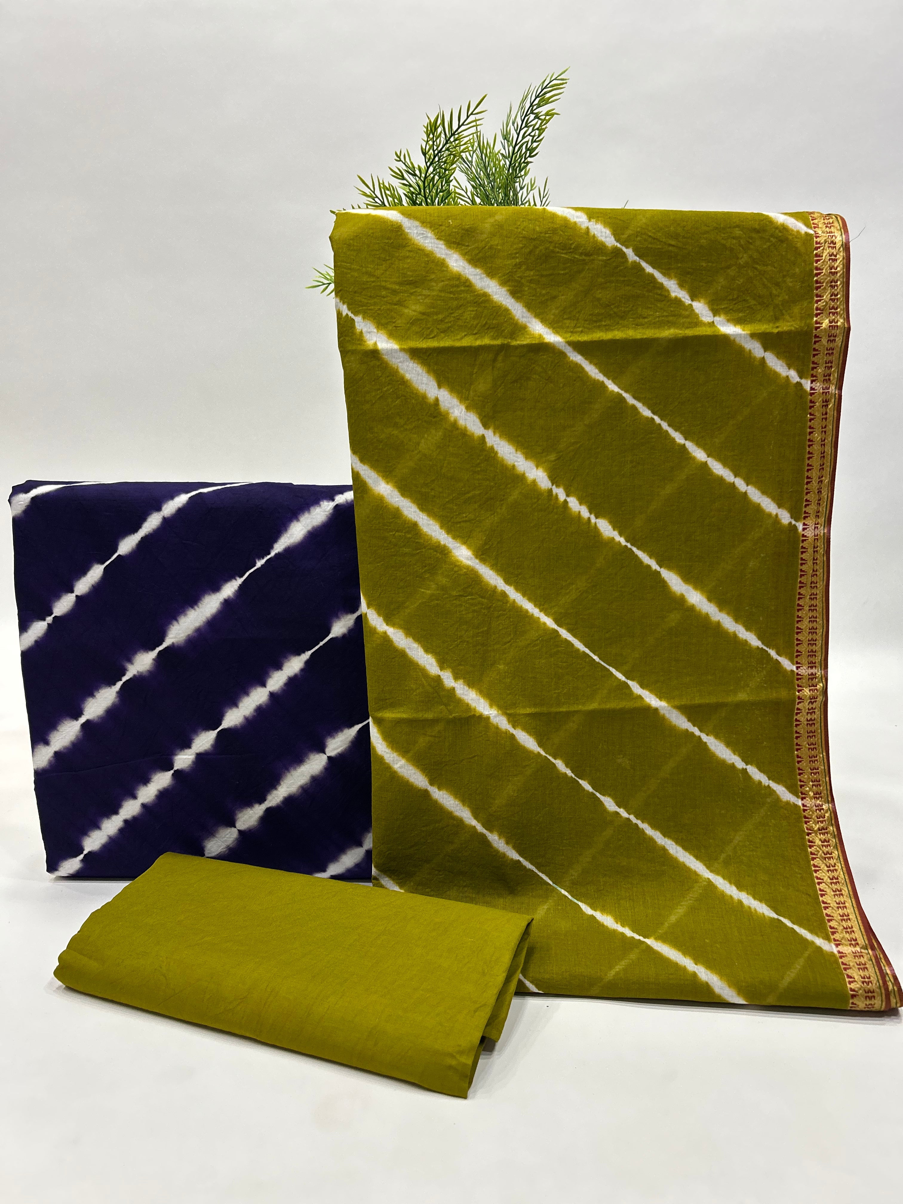 Purple-Mehendi Green Cotton Laheriya Dress Material green / Cotton Dresses