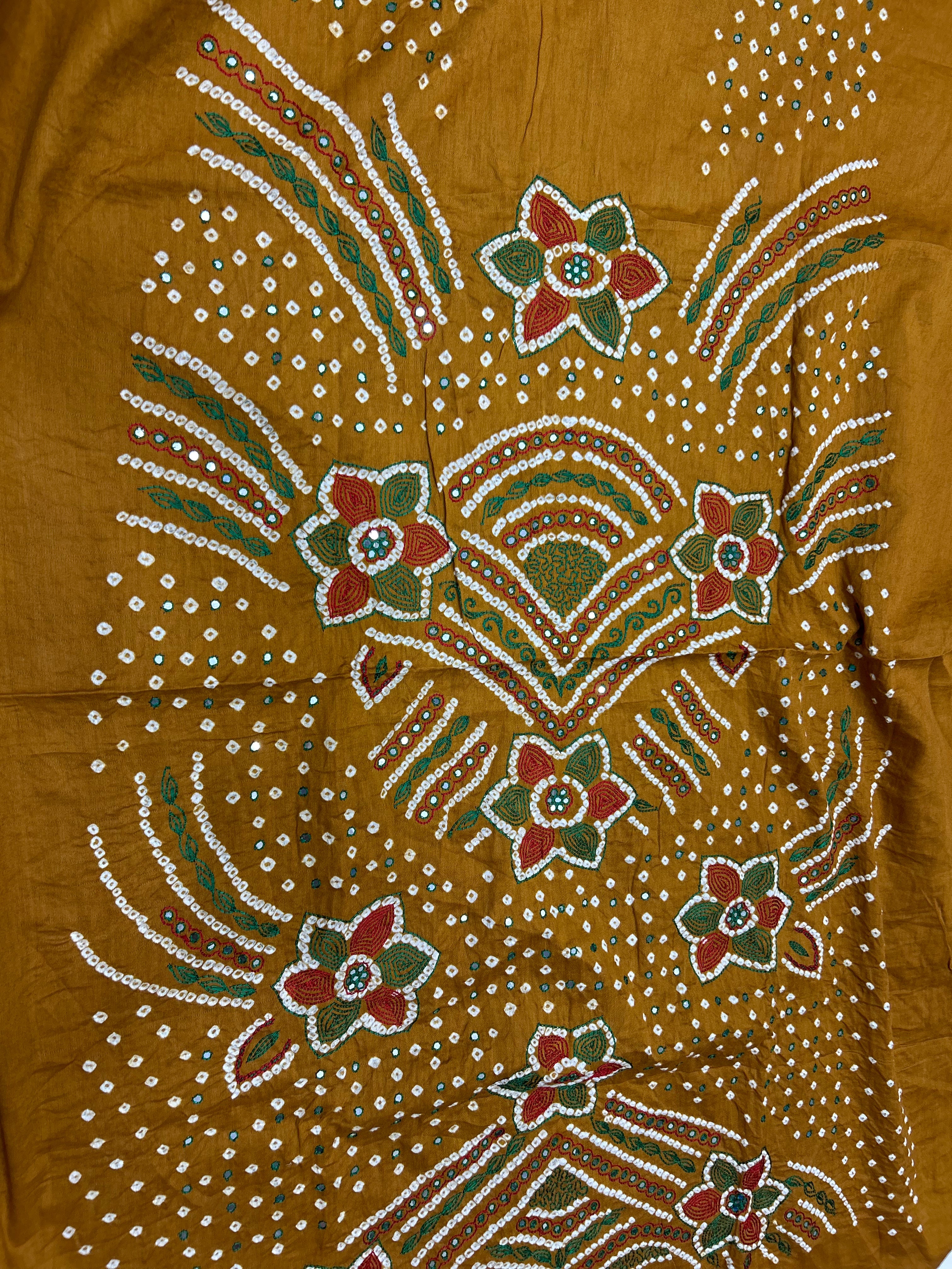 Mustard-Green Cotton Fancy Work Bandhani Dress Material darkorange / Cotton Dresses