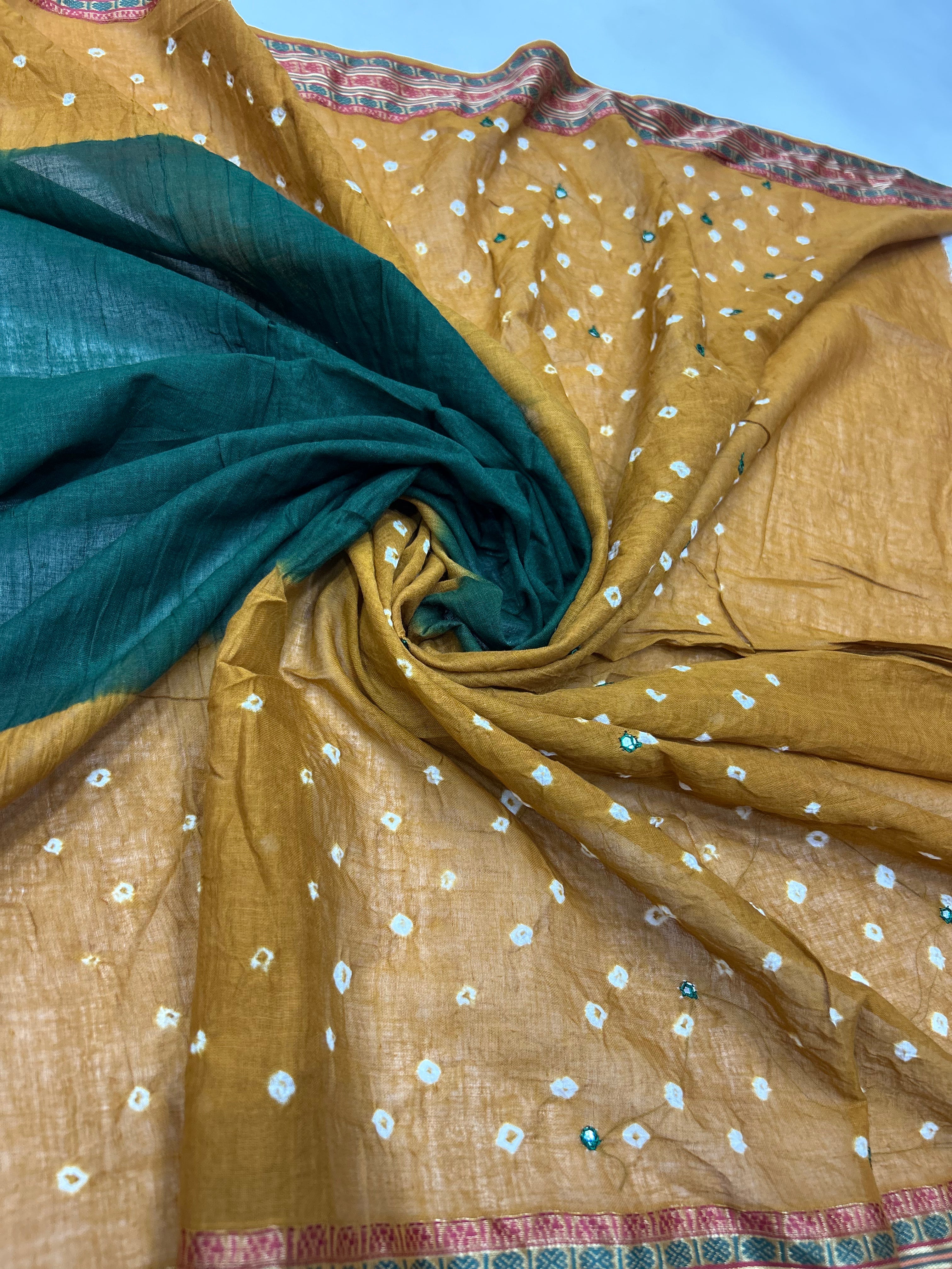 Mustard-Green Cotton Fancy Work Bandhani Dress Material darkorange / Cotton Dresses