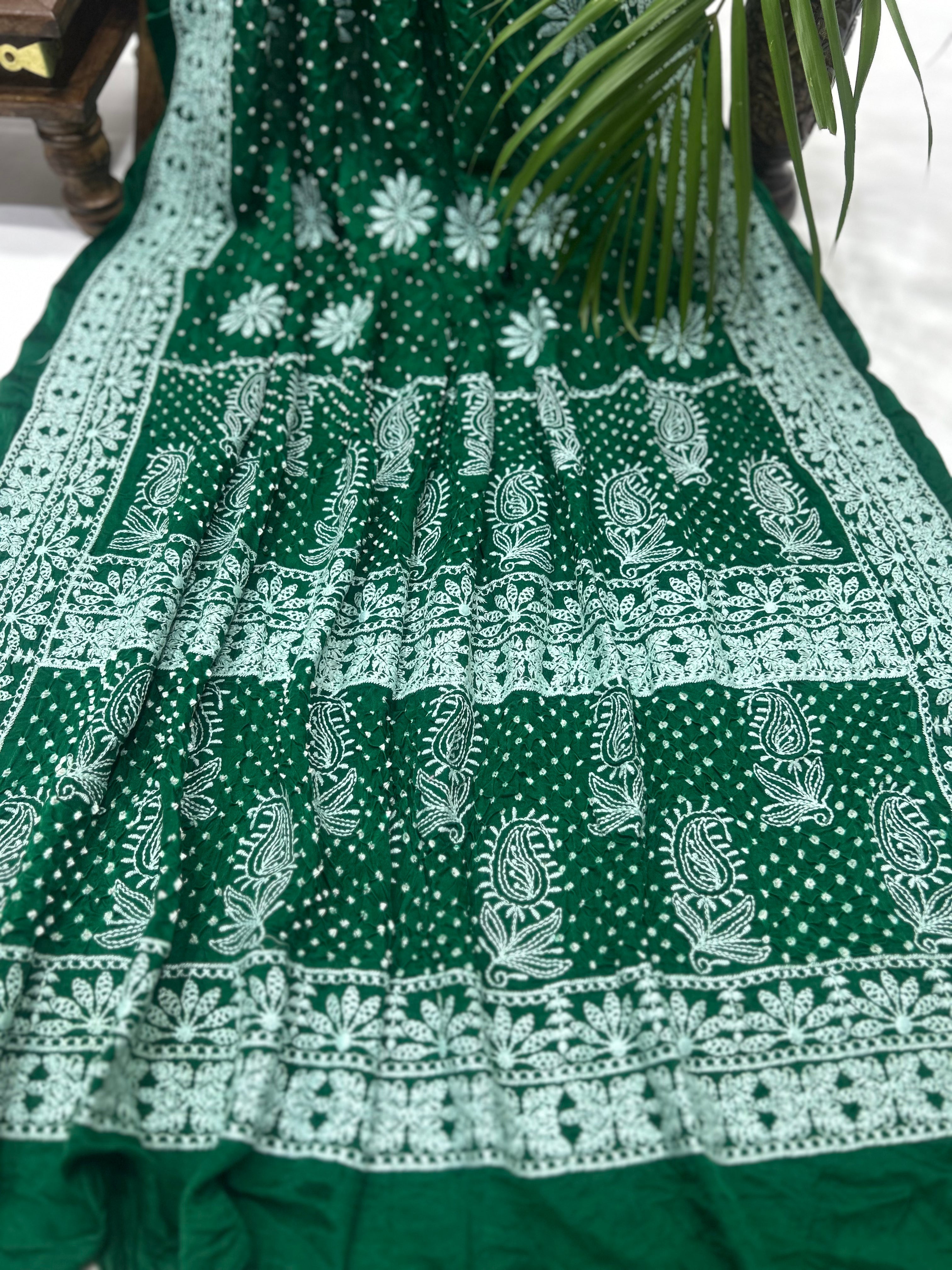 Dark Green Gajji Silk Lucknowi Heritage Drape Saree Sarees