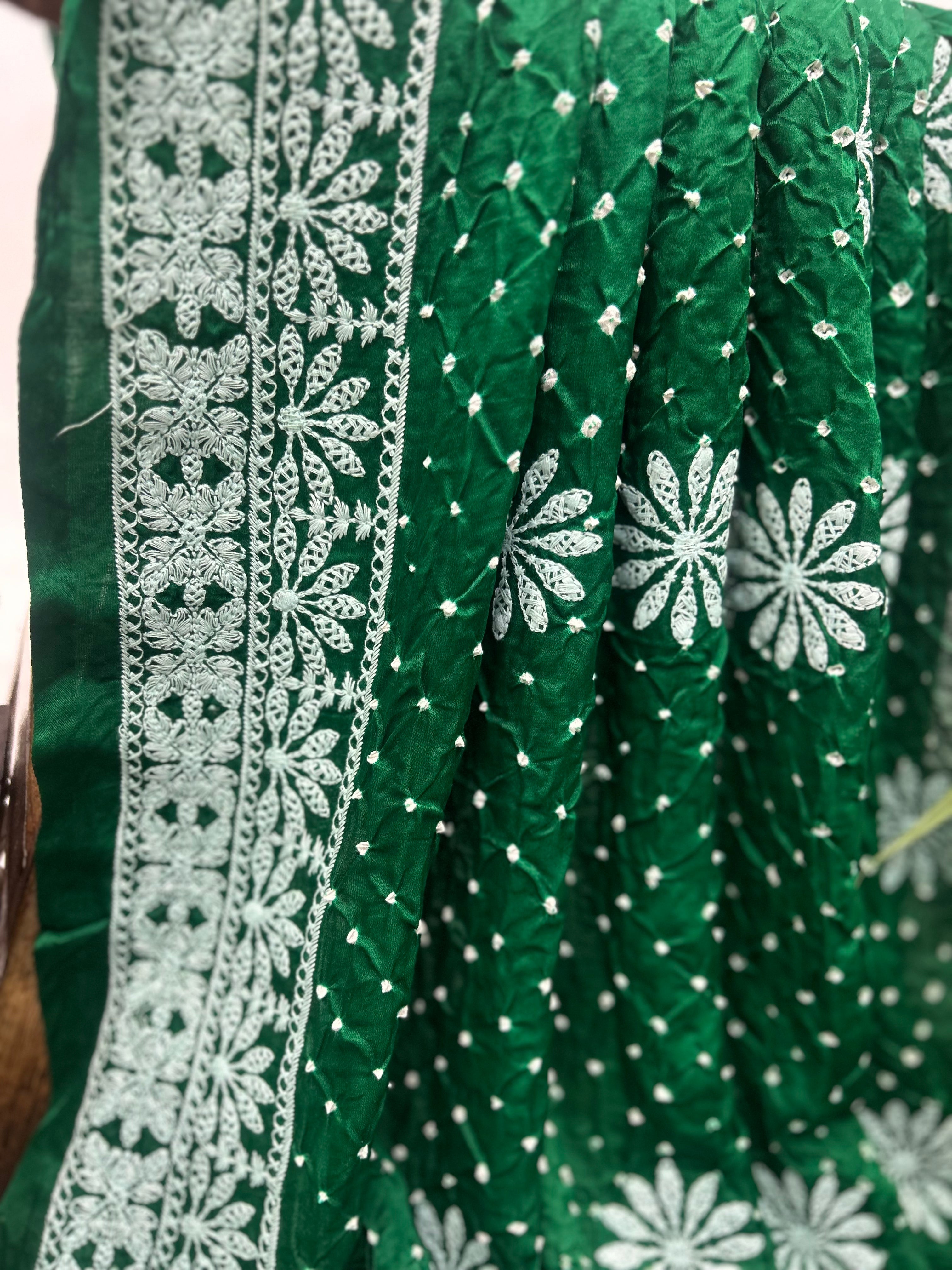 Dark Green Gajji Silk Lucknowi Heritage Drape Saree Sarees