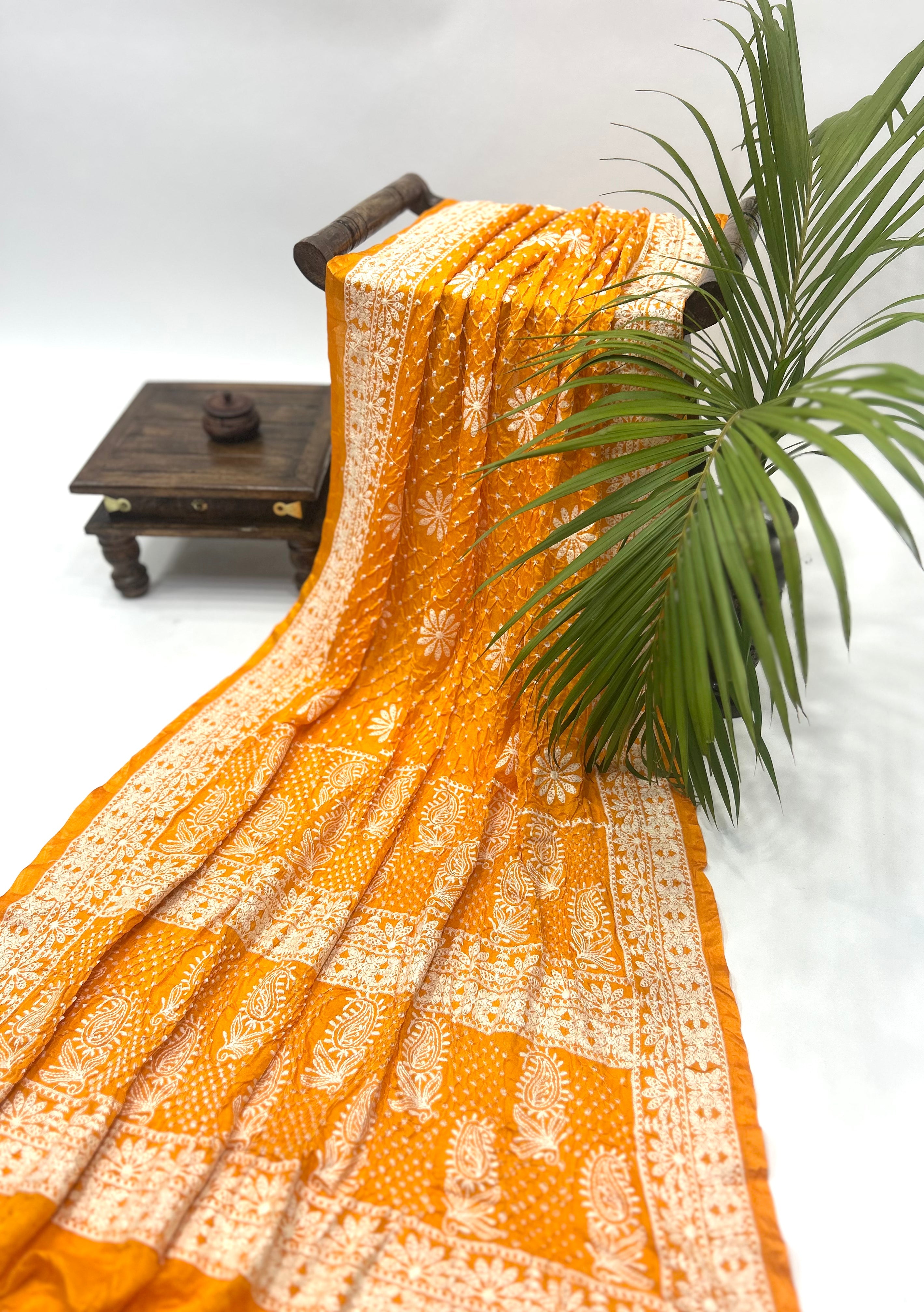 Yellow Gajji Silk Lucknowi Bandhani Saree yellow / Gajji Silk Sarees