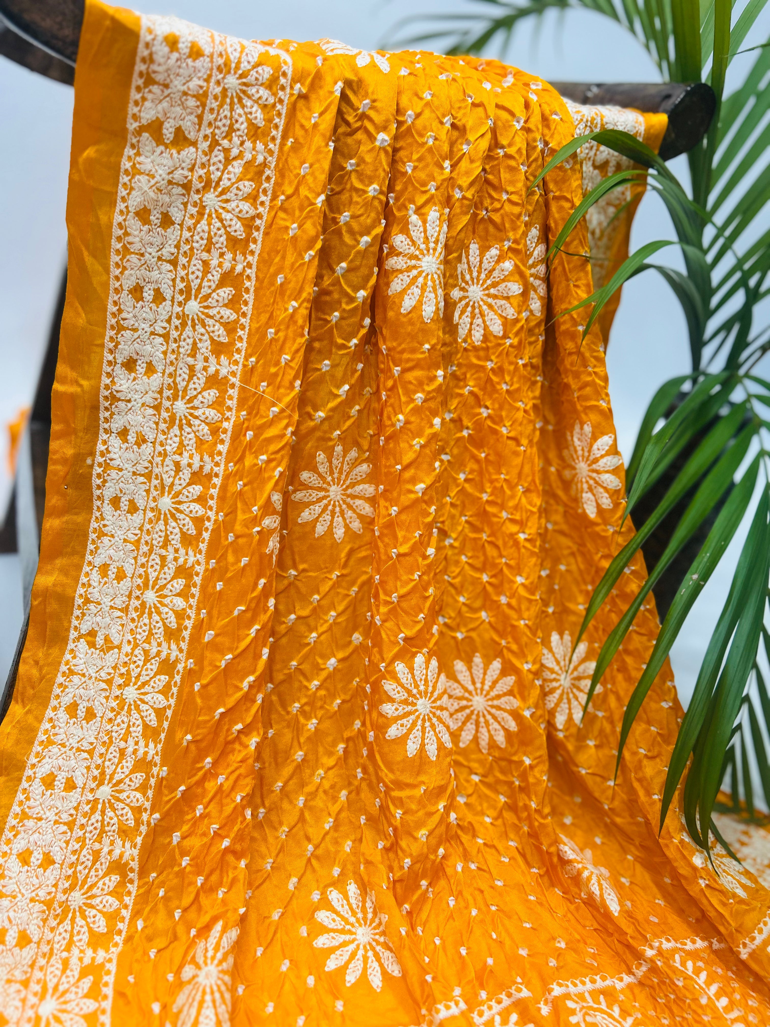 Yellow Gajji Silk Lucknowi Bandhani Saree yellow / Gajji Silk Sarees
