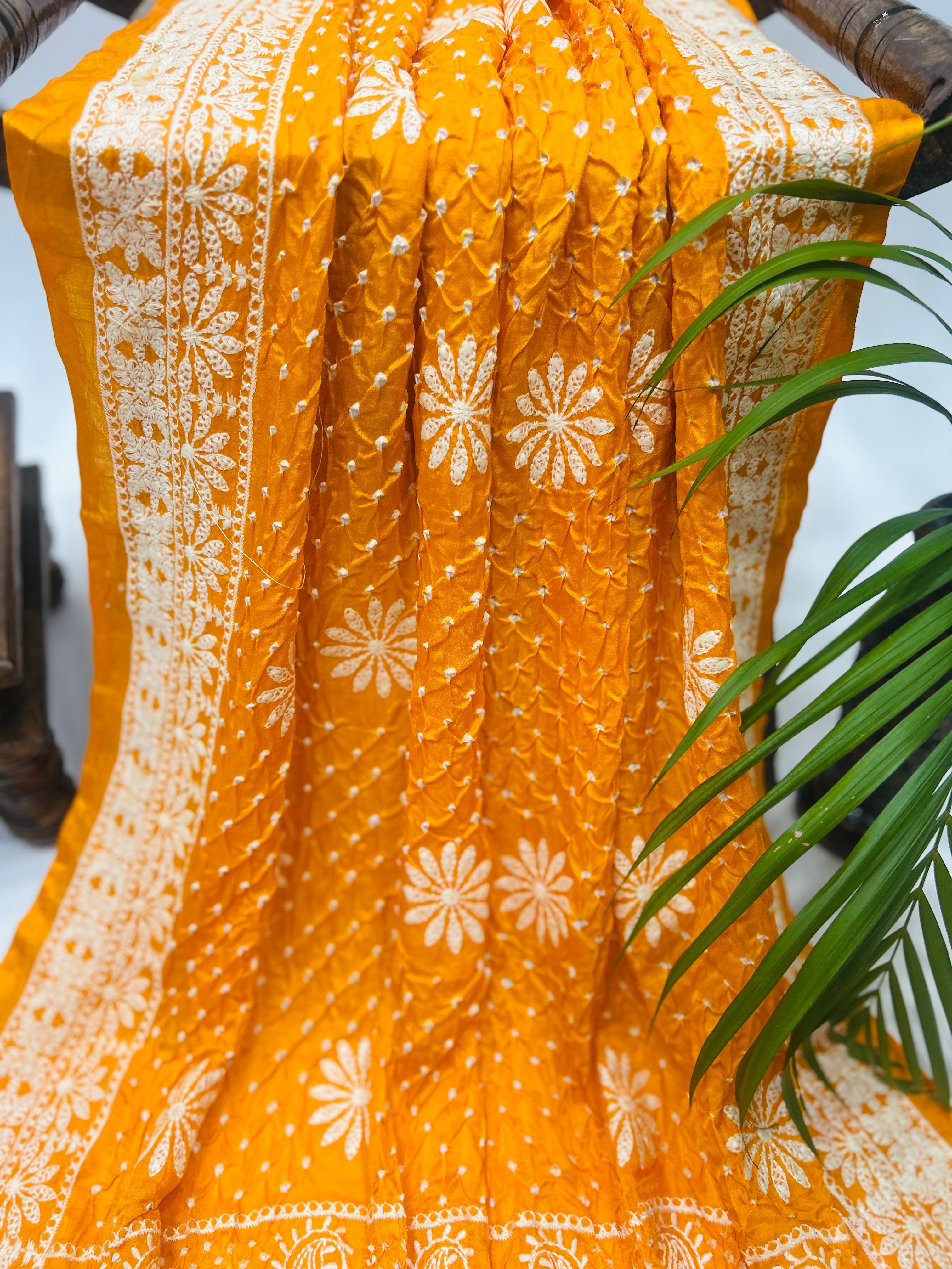 Yellow Gajji Silk Lucknowi Bandhani Saree yellow / Gajji Silk Sarees