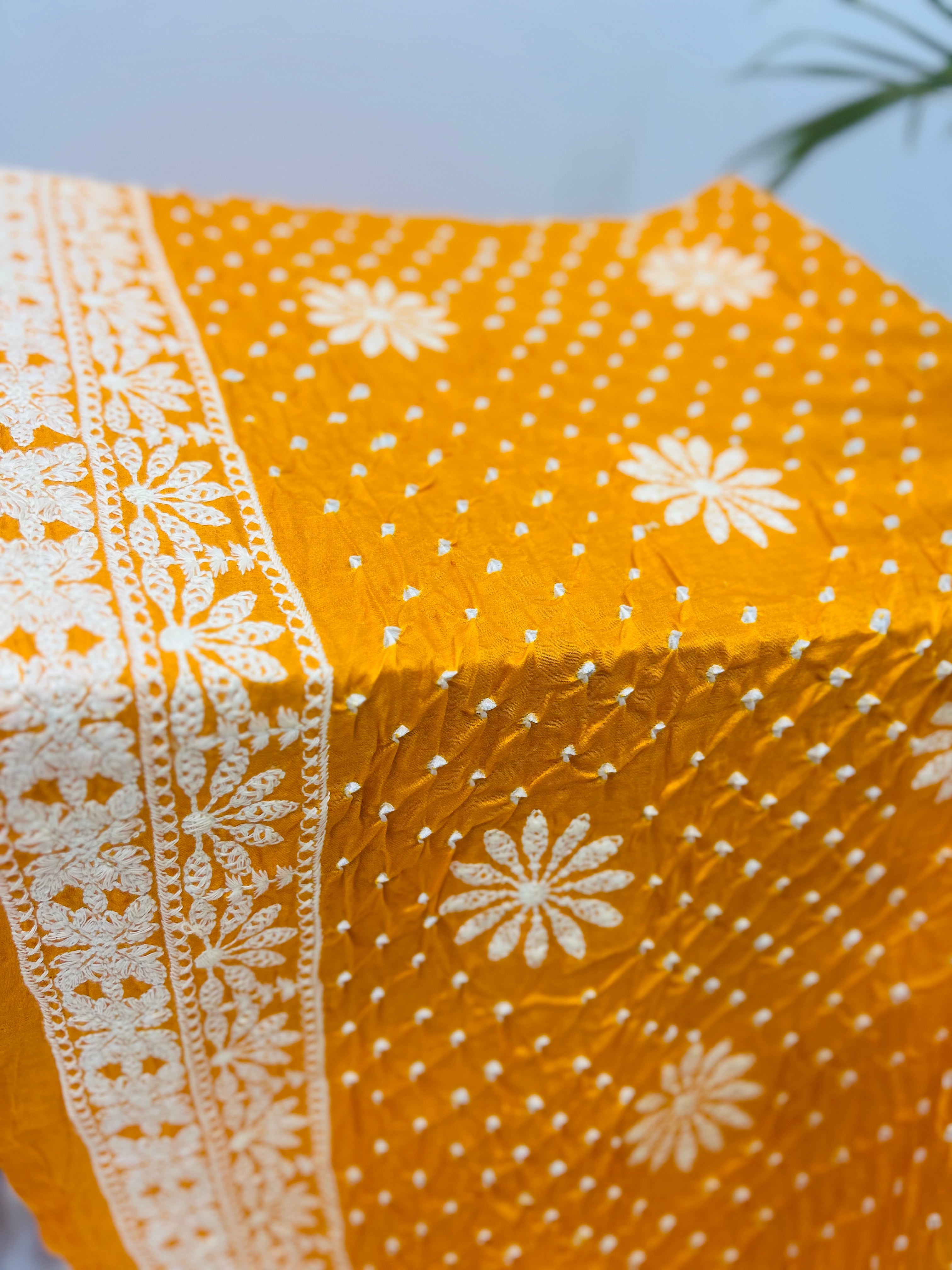 Yellow Gajji Silk Lucknowi Bandhani Saree yellow / Gajji Silk Sarees