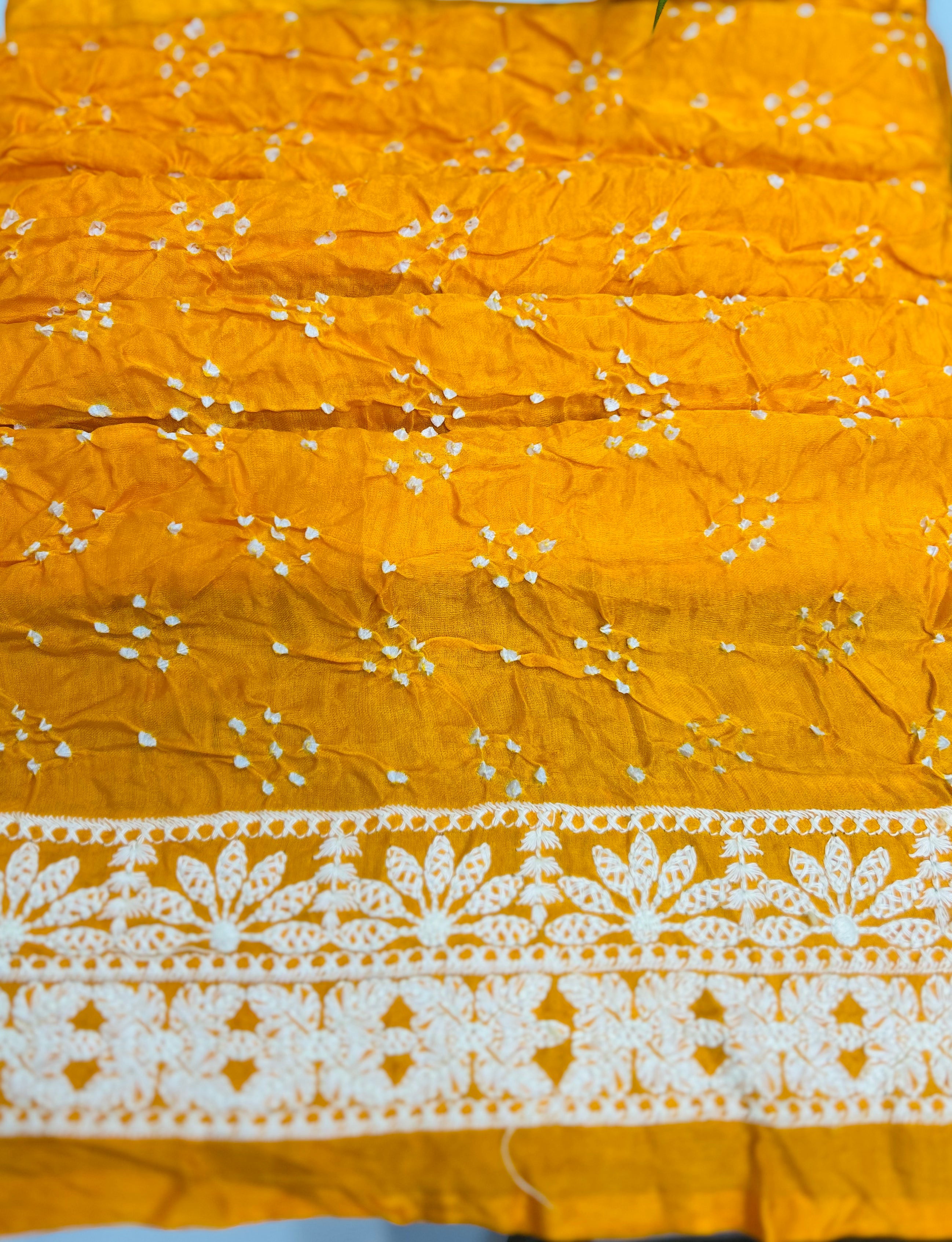 Yellow Gajji Silk Lucknowi Bandhani Saree yellow / Gajji Silk Sarees