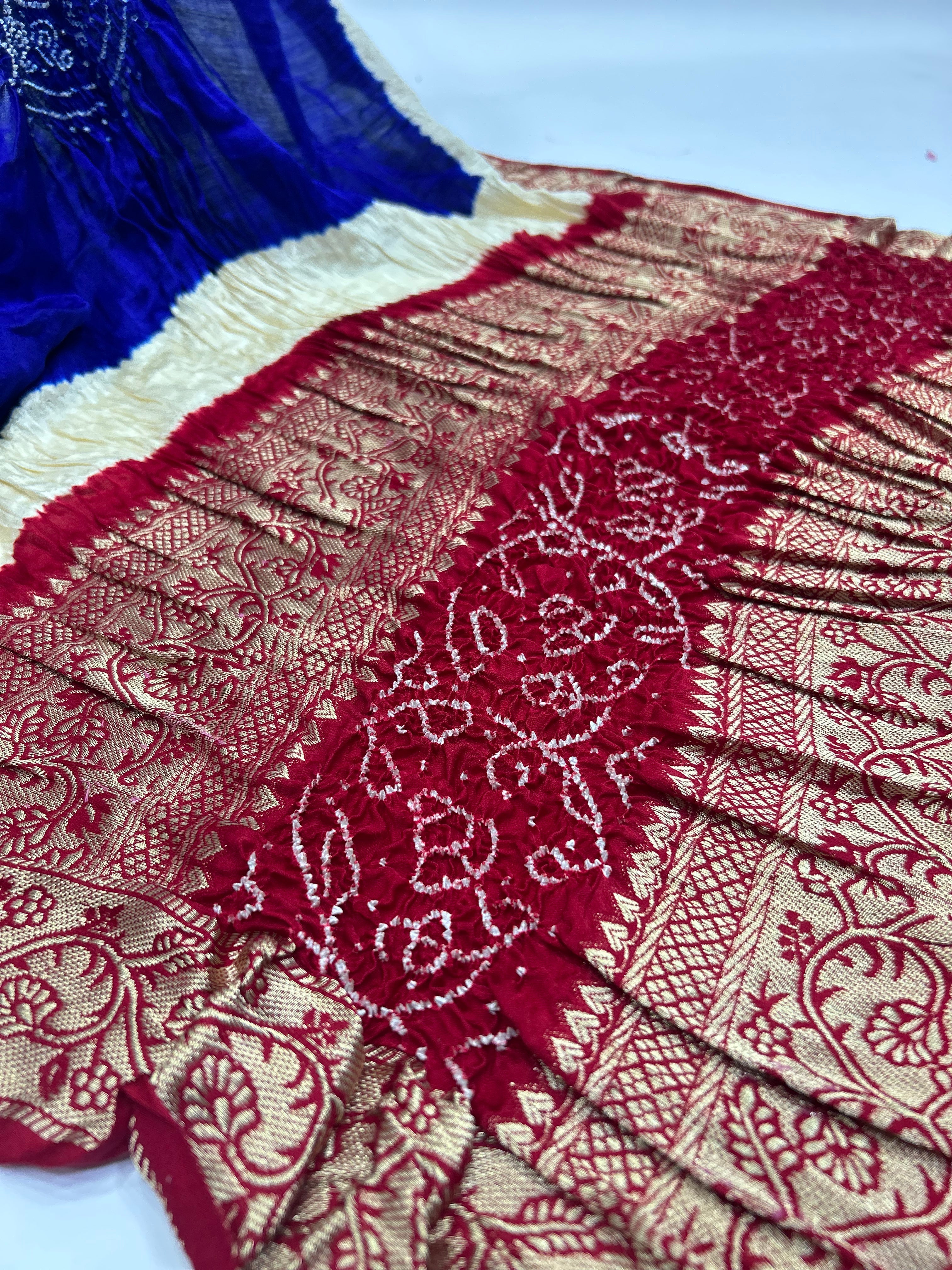 Blue-Maroon Gajji Silk Designer Gala Dupatta With 3 Colour Dying blue / Gajji Silk Dupattas