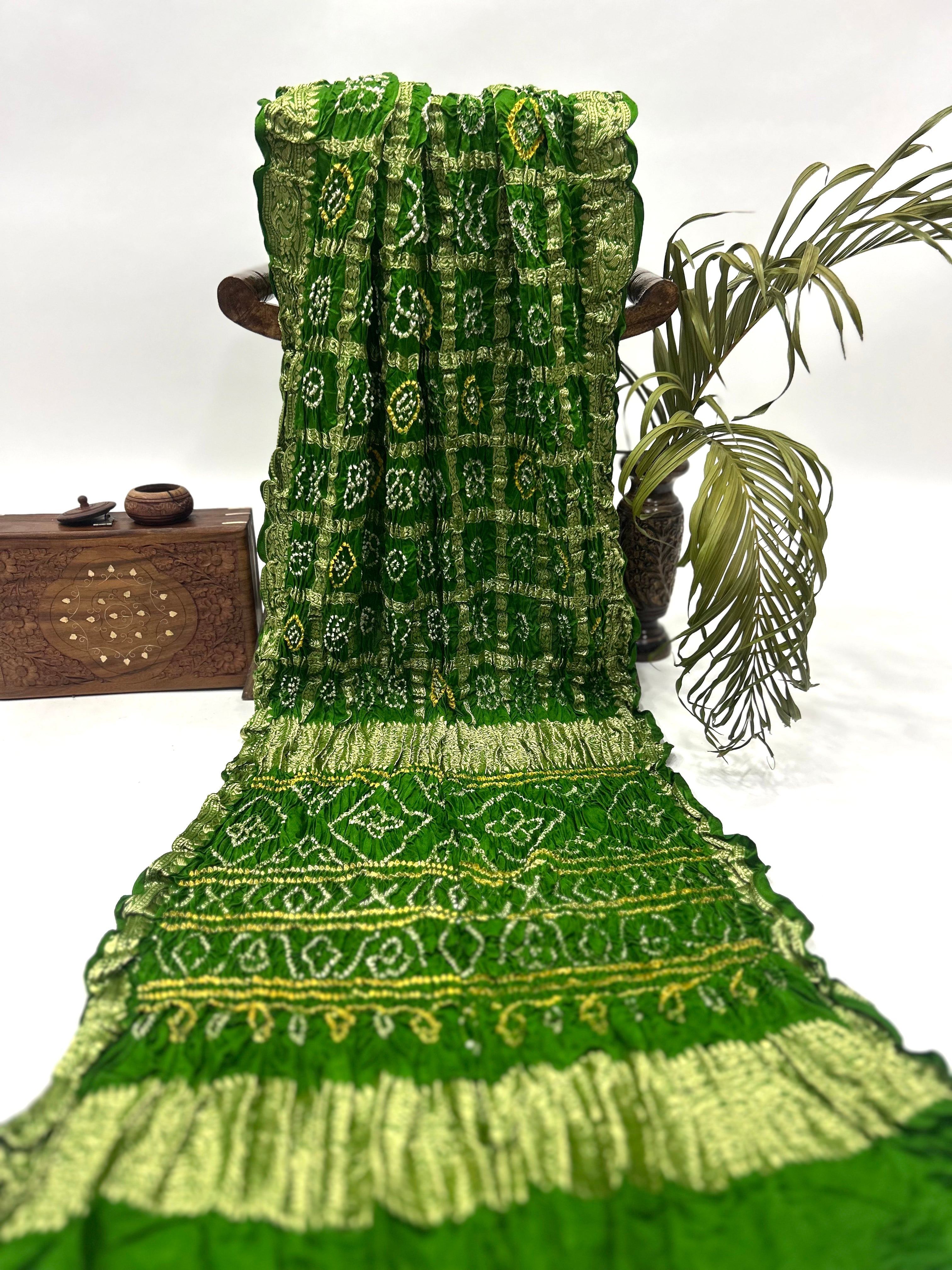 Mahendi Green Gajji Nakshi Gharchola Bandhani Saree Sarees