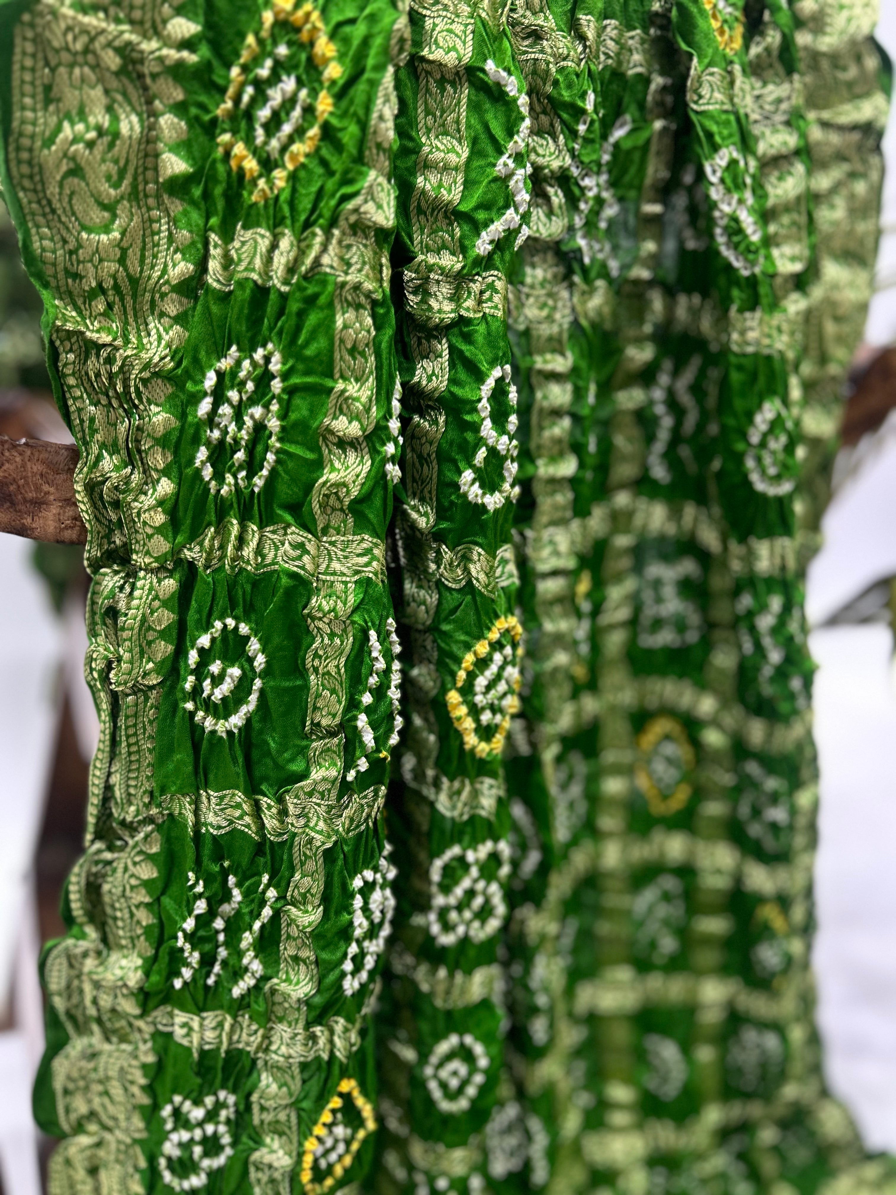 Mahendi Green Gajji Nakshi Gharchola Bandhani Saree Sarees