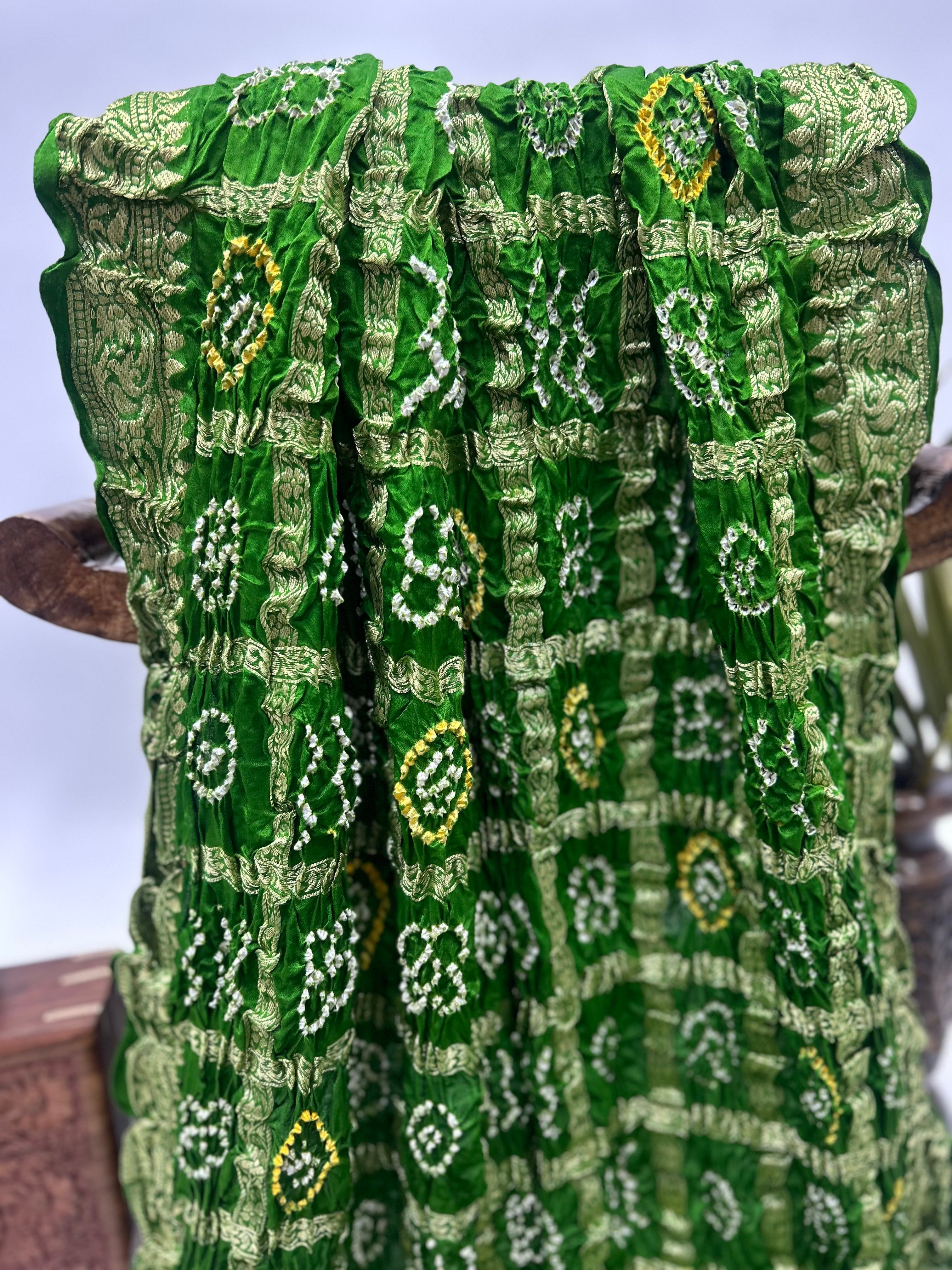 Mahendi Green Gajji Nakshi Gharchola Bandhani Saree Sarees