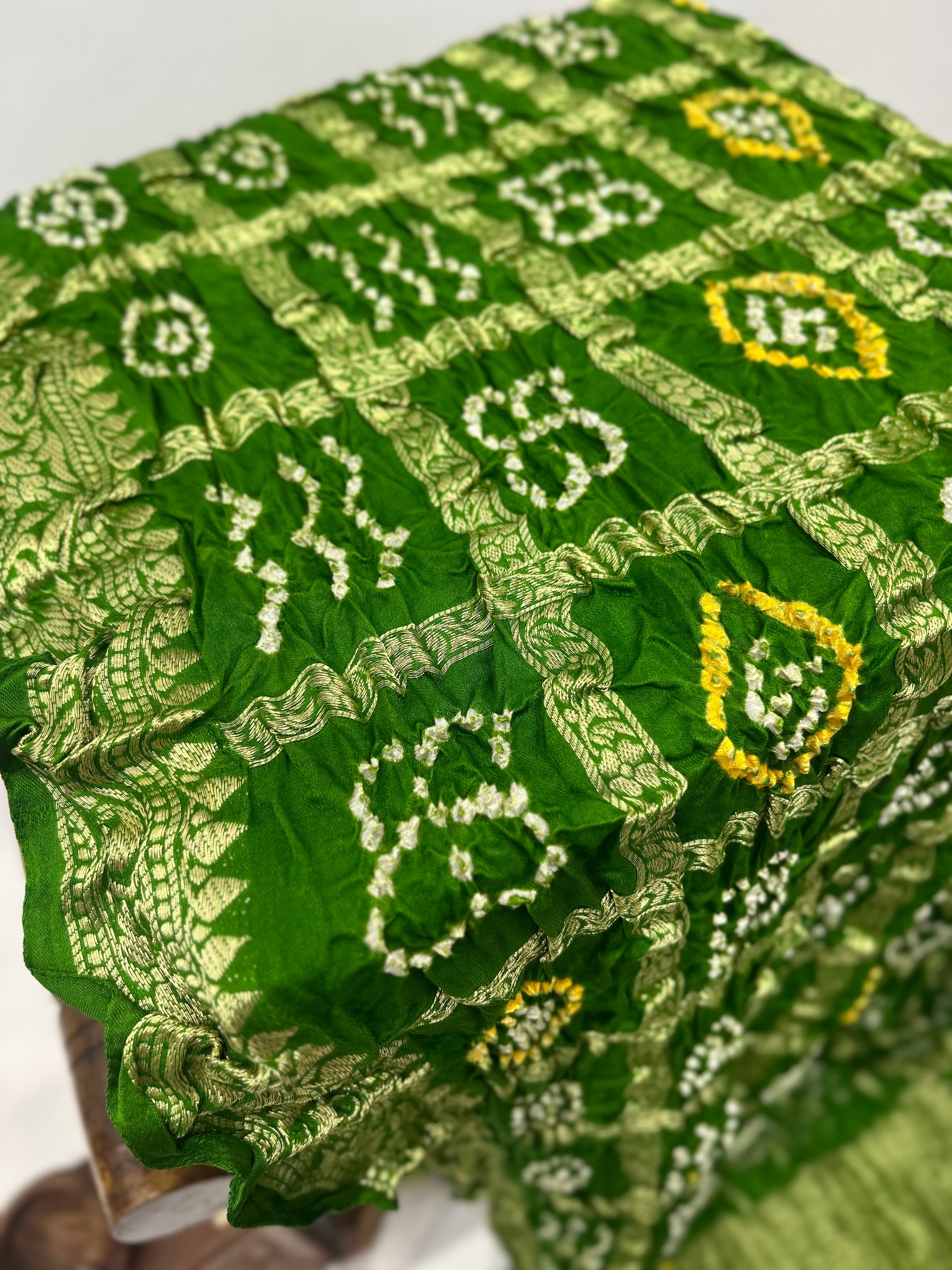 Mahendi Green Gajji Nakshi Gharchola Bandhani Saree Sarees