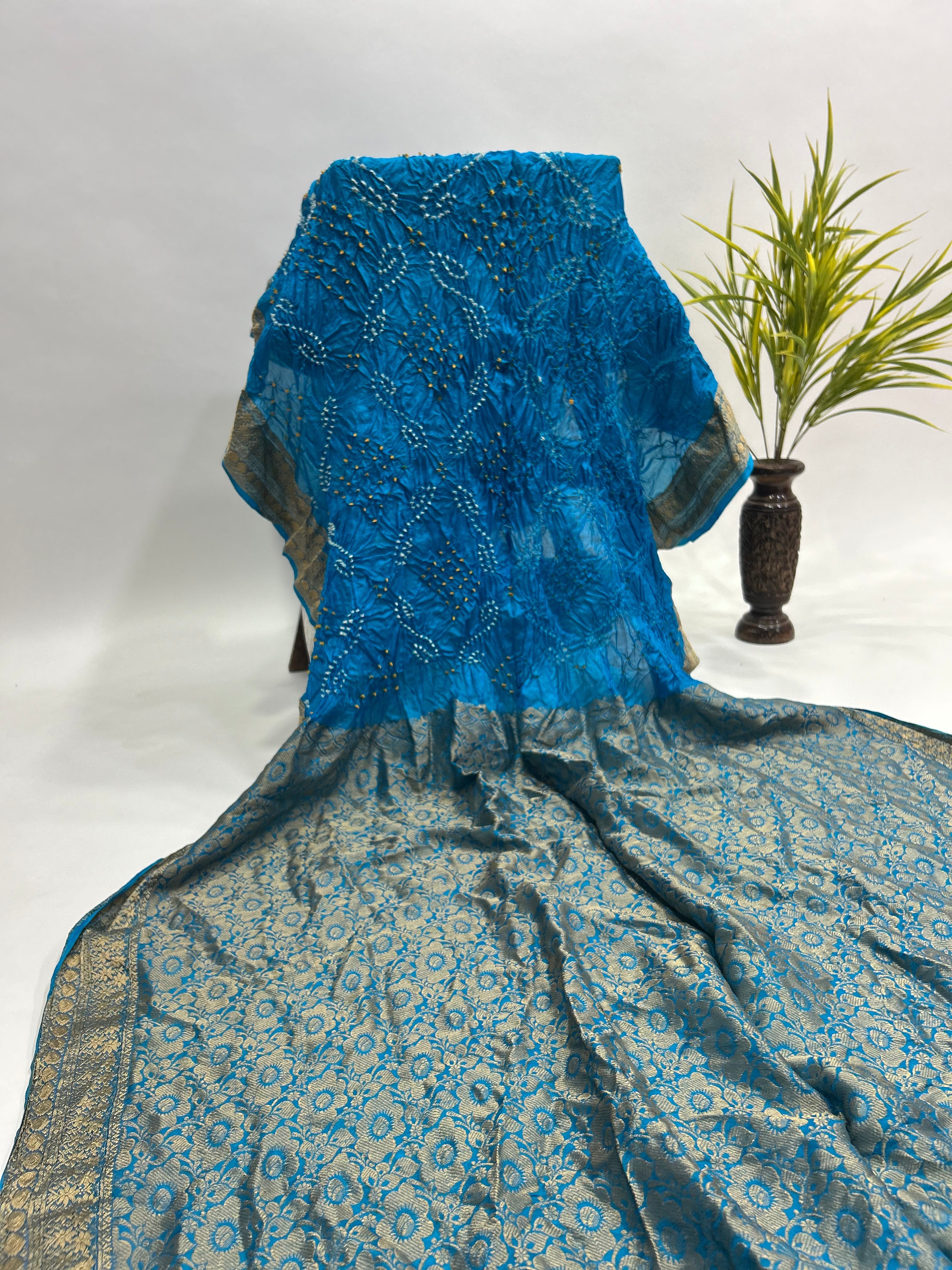 Firozi Soft Silk Resham Palav Bandhani Saree dodgerblue / Soft Silk Sarees