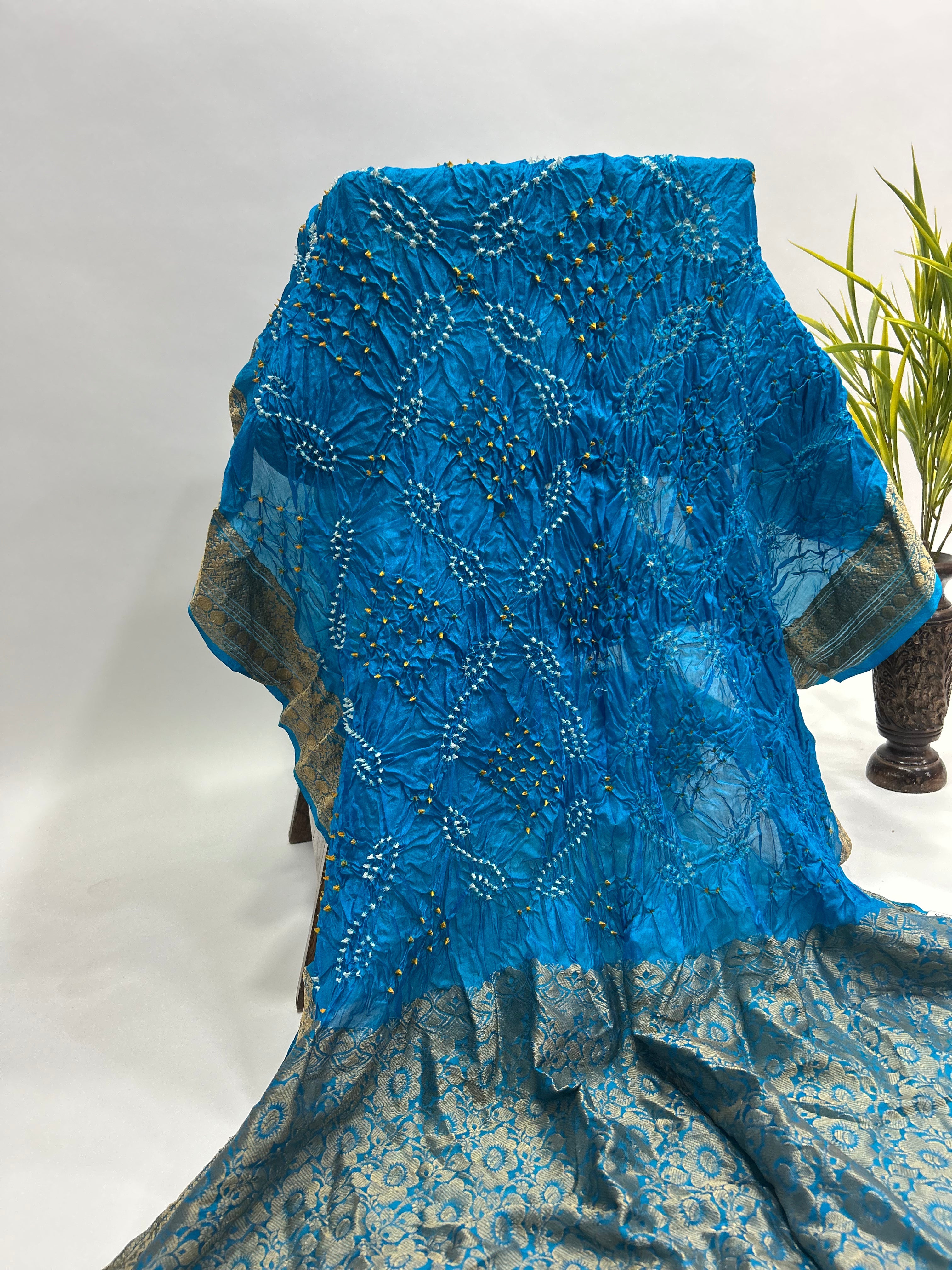 Firozi Soft Silk Resham Palav Bandhani Saree dodgerblue / Soft Silk Sarees