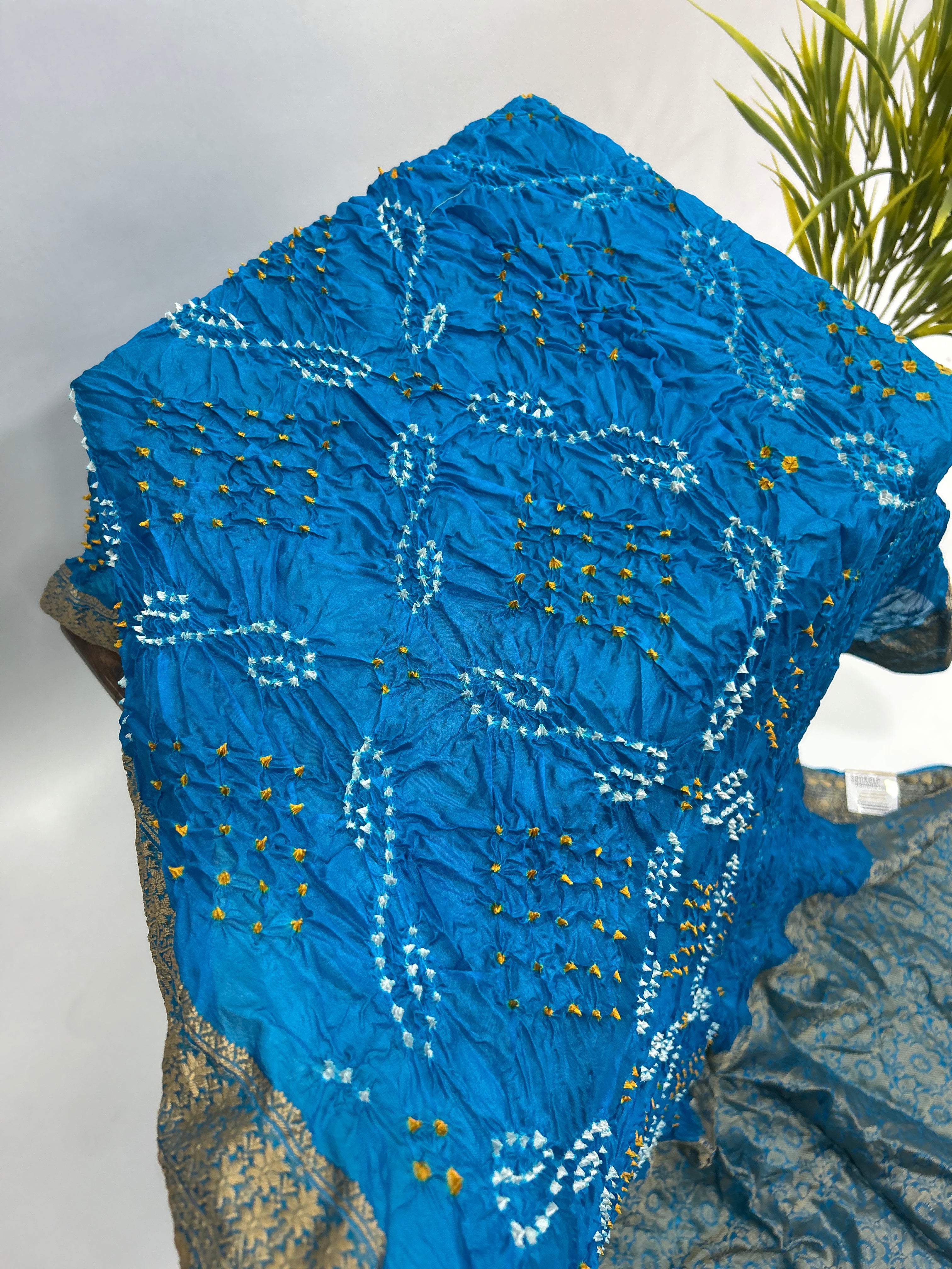 Firozi Soft Silk Resham Palav Bandhani Saree dodgerblue / Soft Silk Sarees