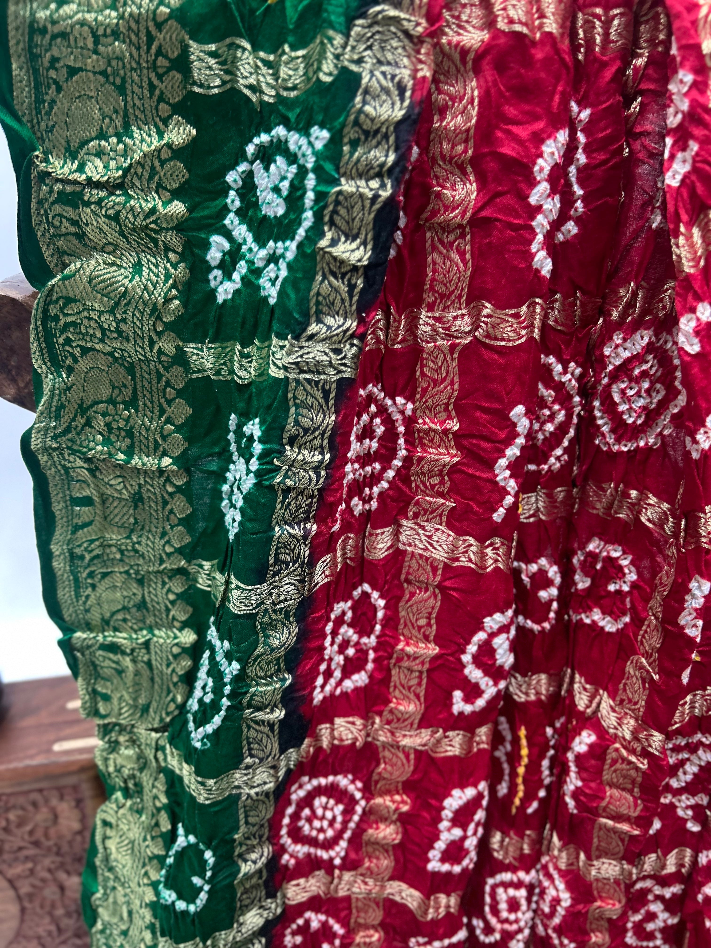 Marron Green Gajji Nakshi Gharchola Bandhani Saree Sarees