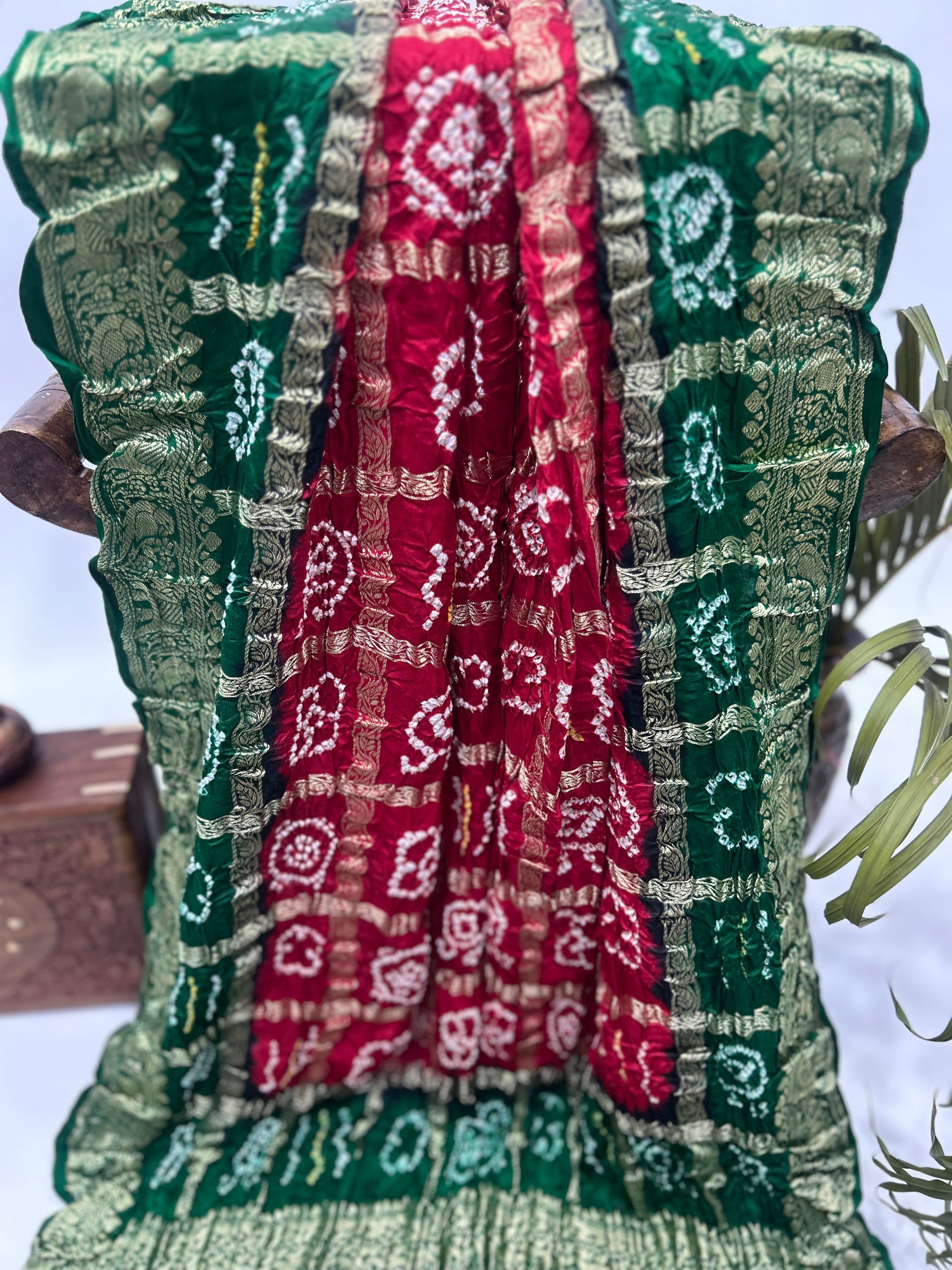 Marron Green Gajji Nakshi Gharchola Bandhani Saree Sarees
