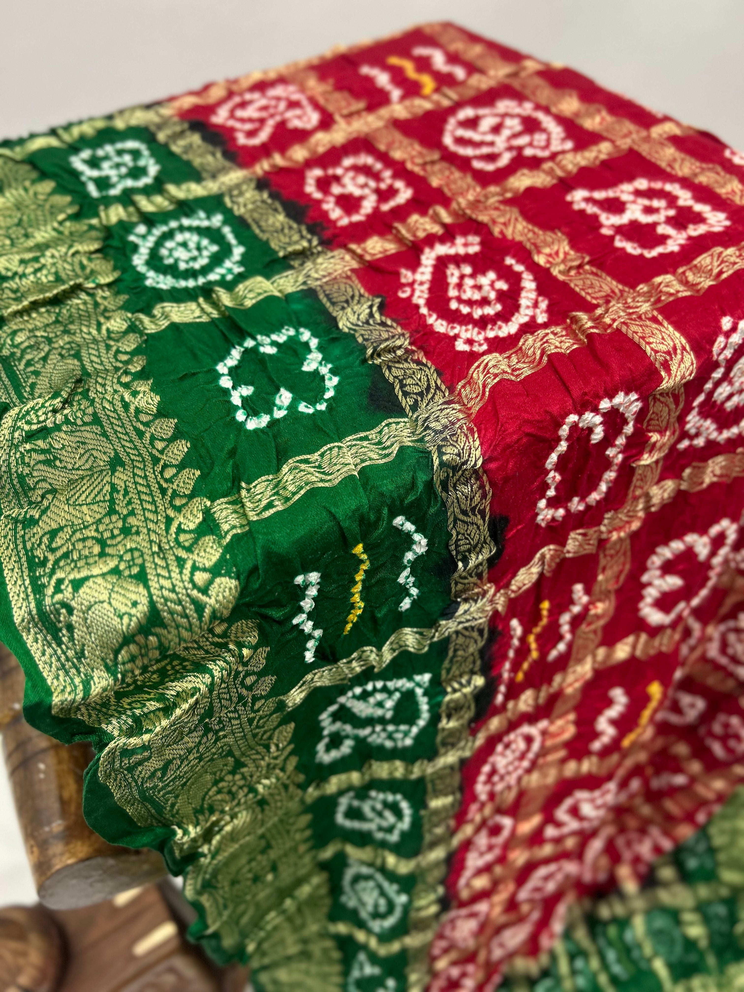Marron Green Gajji Nakshi Gharchola Bandhani Saree Sarees