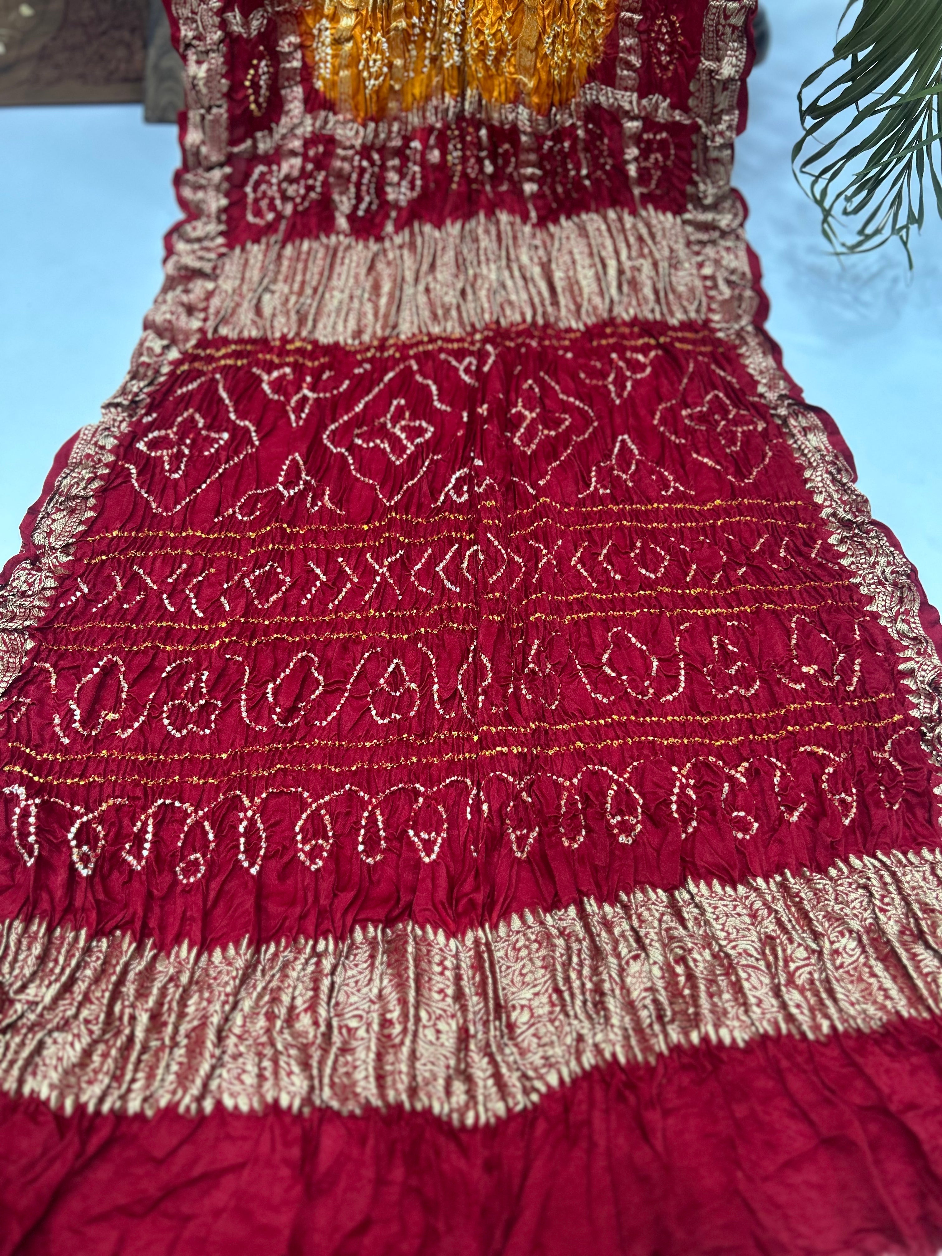 Mustard Marron Gajji Nakshi Gharchola Bandhani Saree Sarees