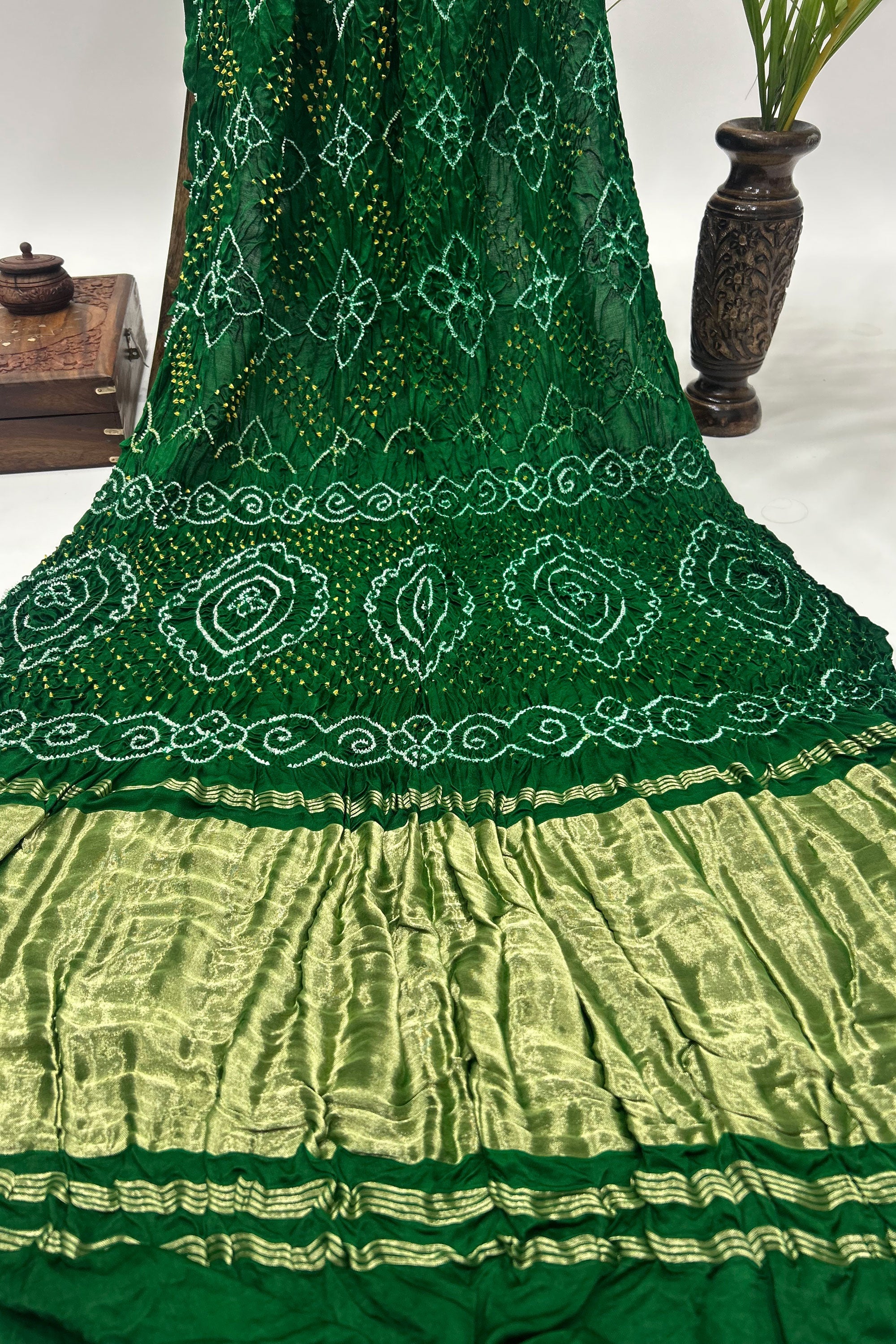 Green Gajji Fancy Rai Bandhani Saree Sarees