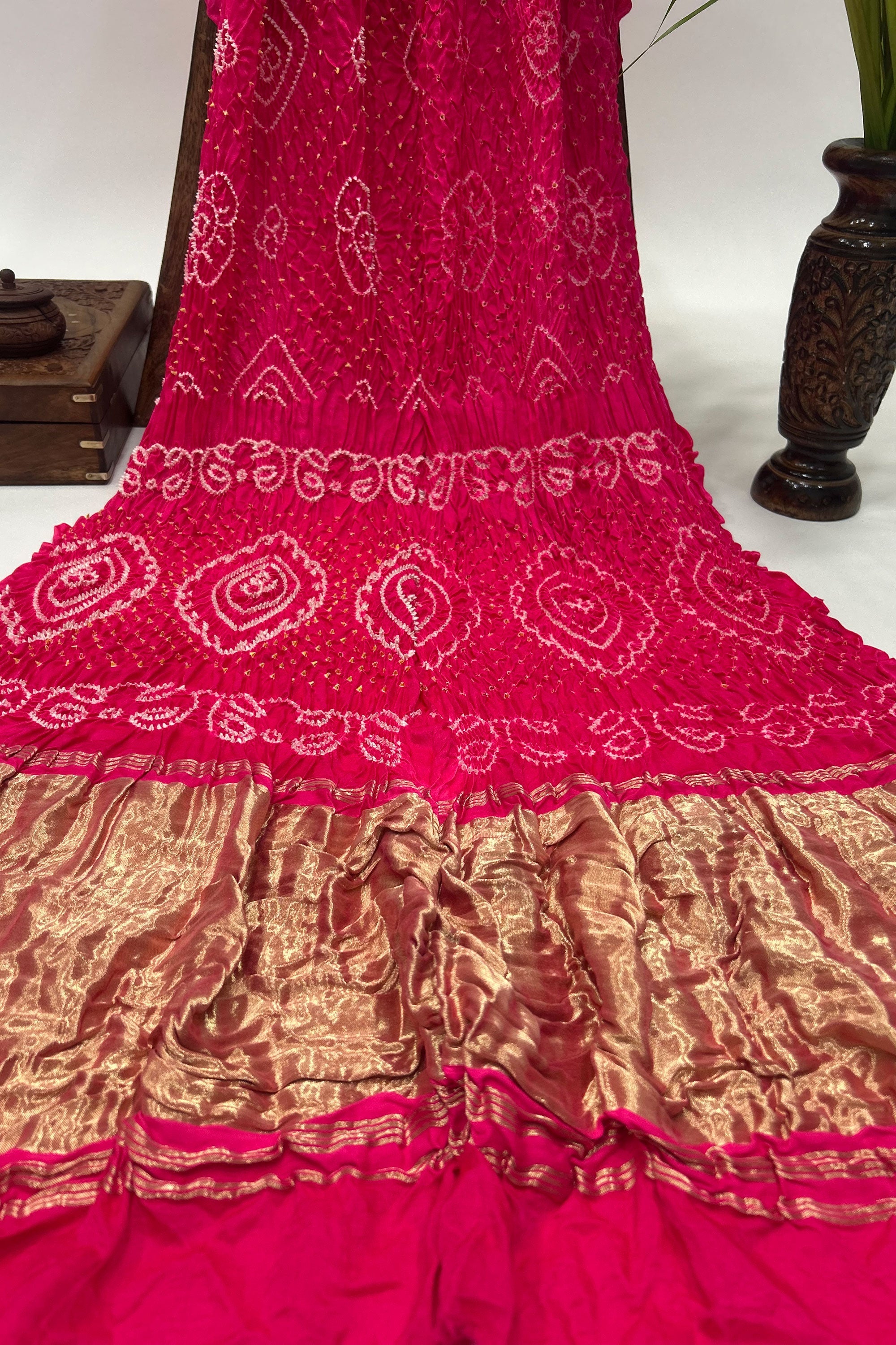 Rani Pink Gajji Fancy Rai Bandhani Saree Sarees