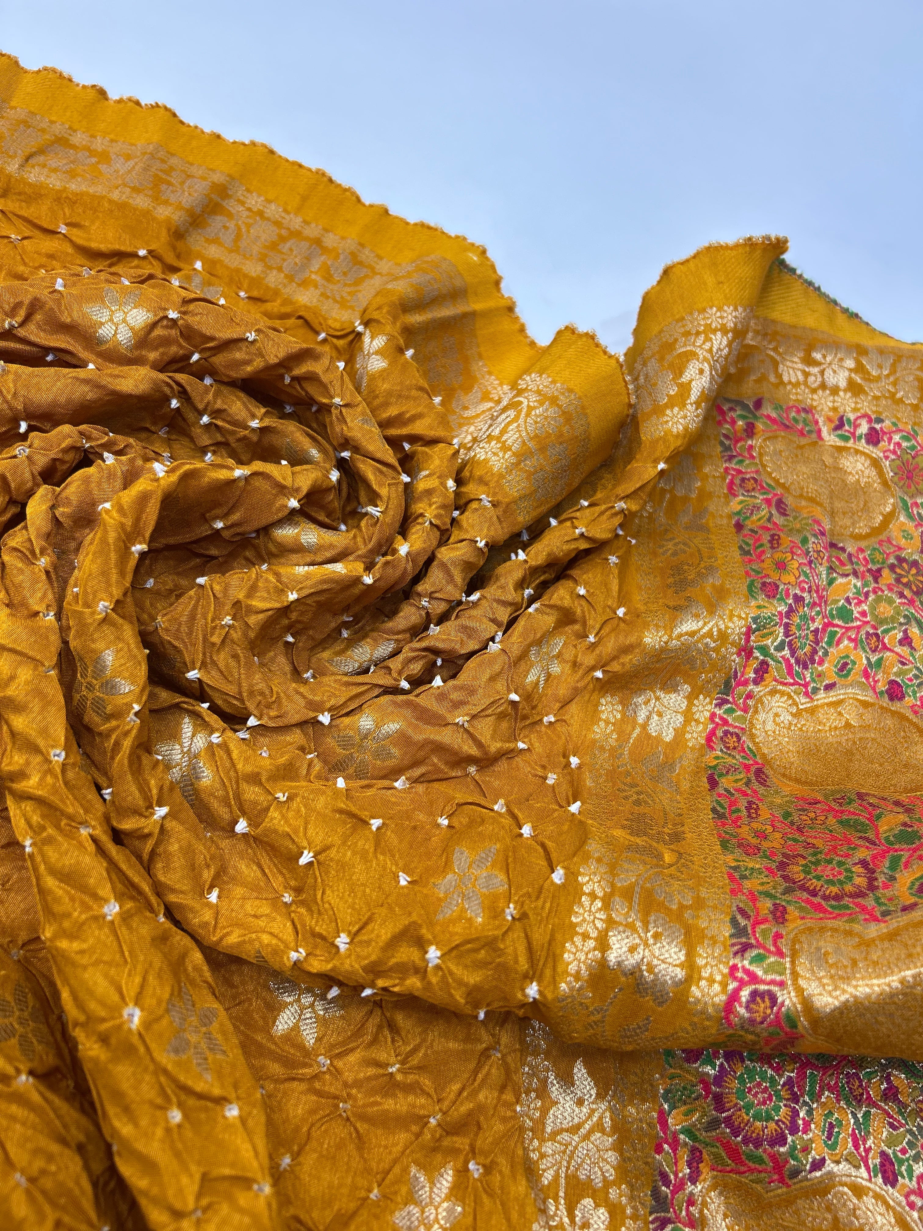 Mustard Dola Silk Bandhani Dress Material orange / Dola Silk Dresses