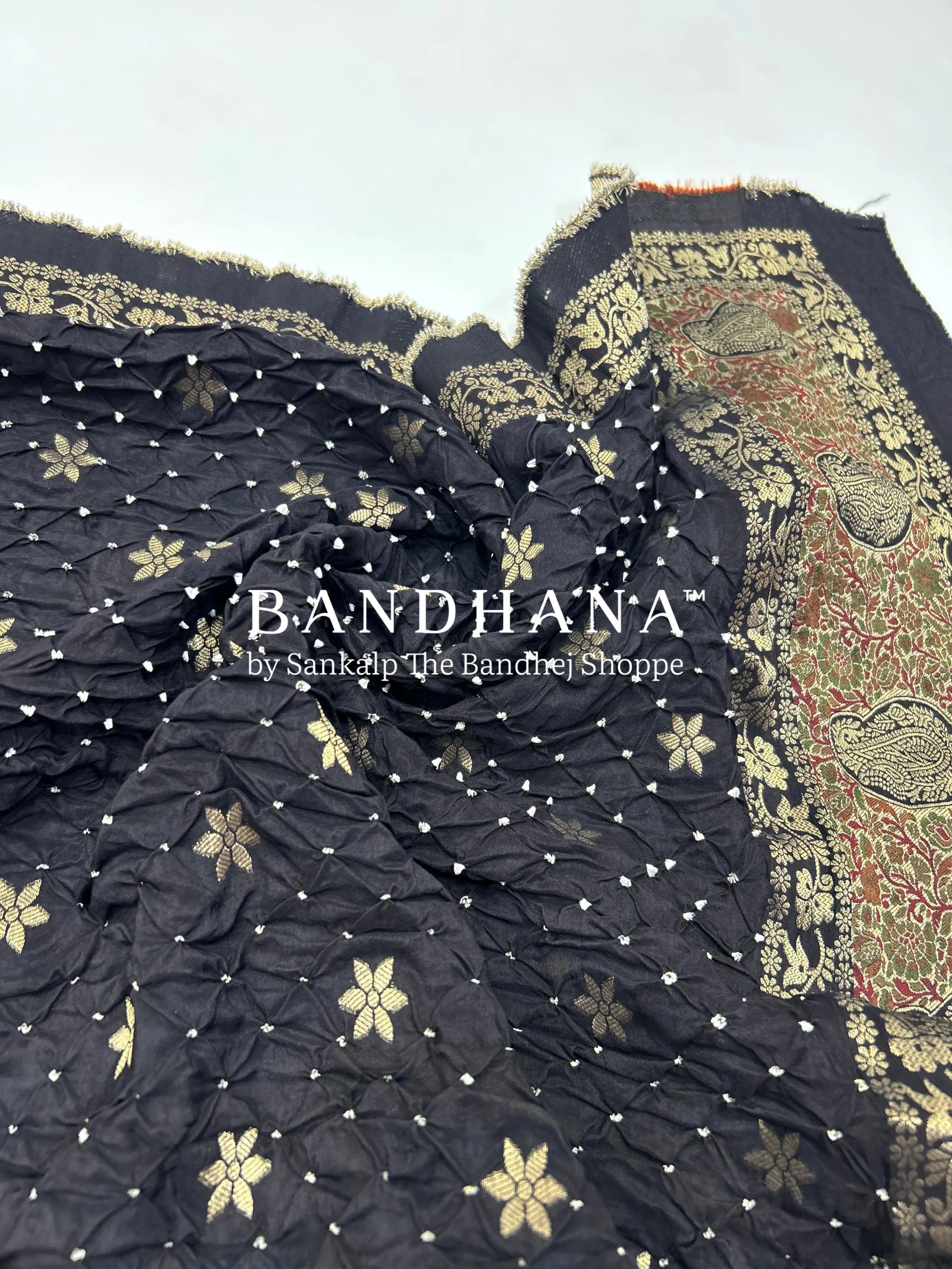 Black Dola Silk Bandhani Dress Material black / Dola Silk Dresses