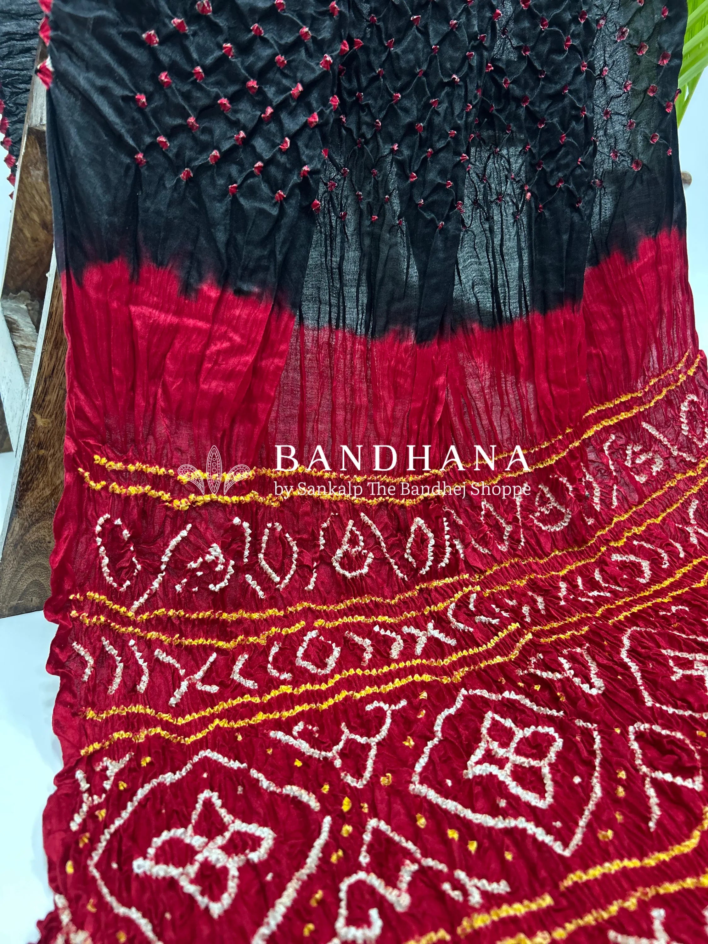 Black Maroon Gajji Silk Contrast Colour Bandhej Single Dot Bandhani Saree Sarees