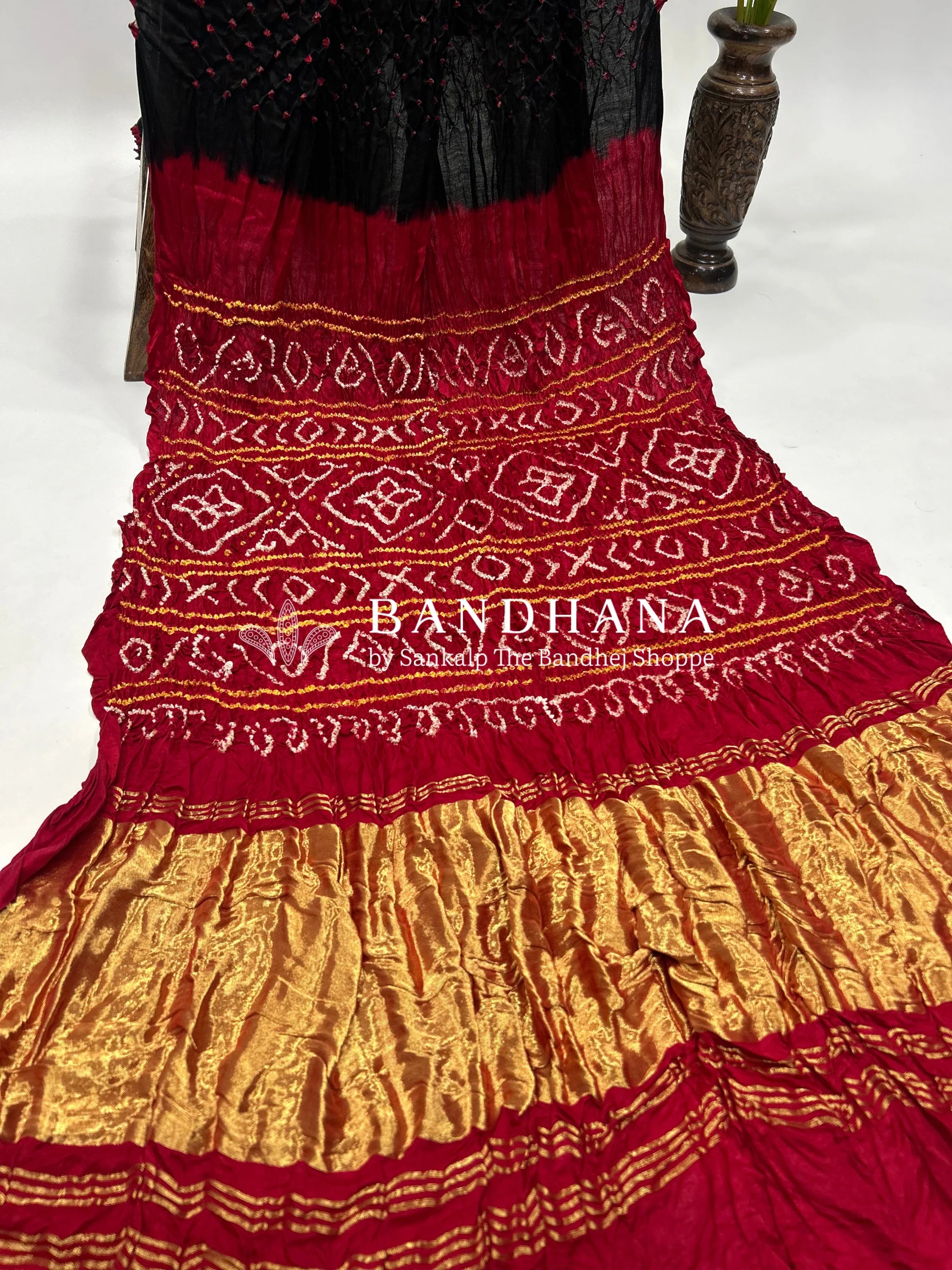 Black Maroon Gajji Silk Contrast Colour Bandhej Single Dot Bandhani Saree Sarees