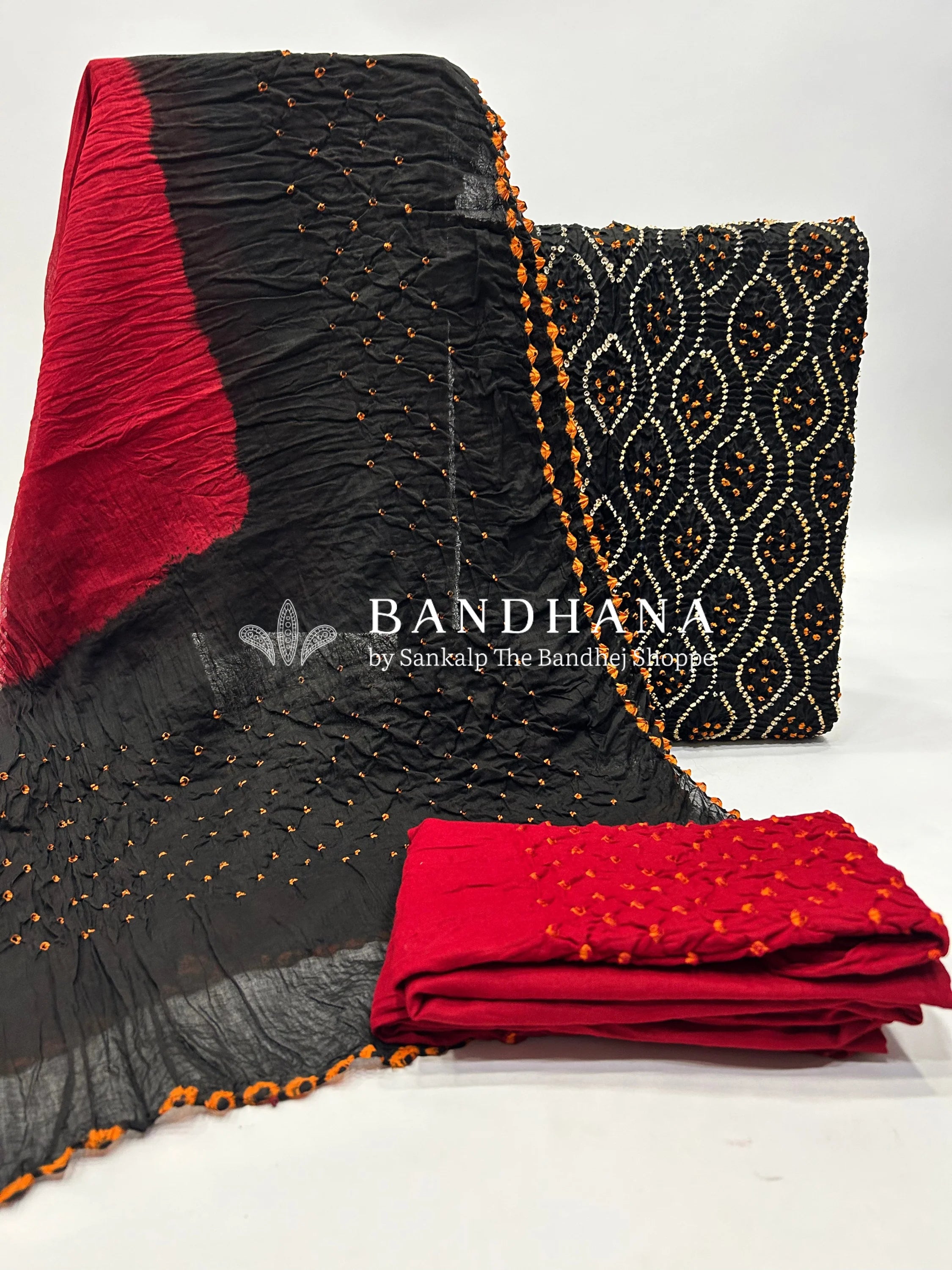 Black-Red Cotton Pandadi Bandhani Dress Material black / Cotton Dresses