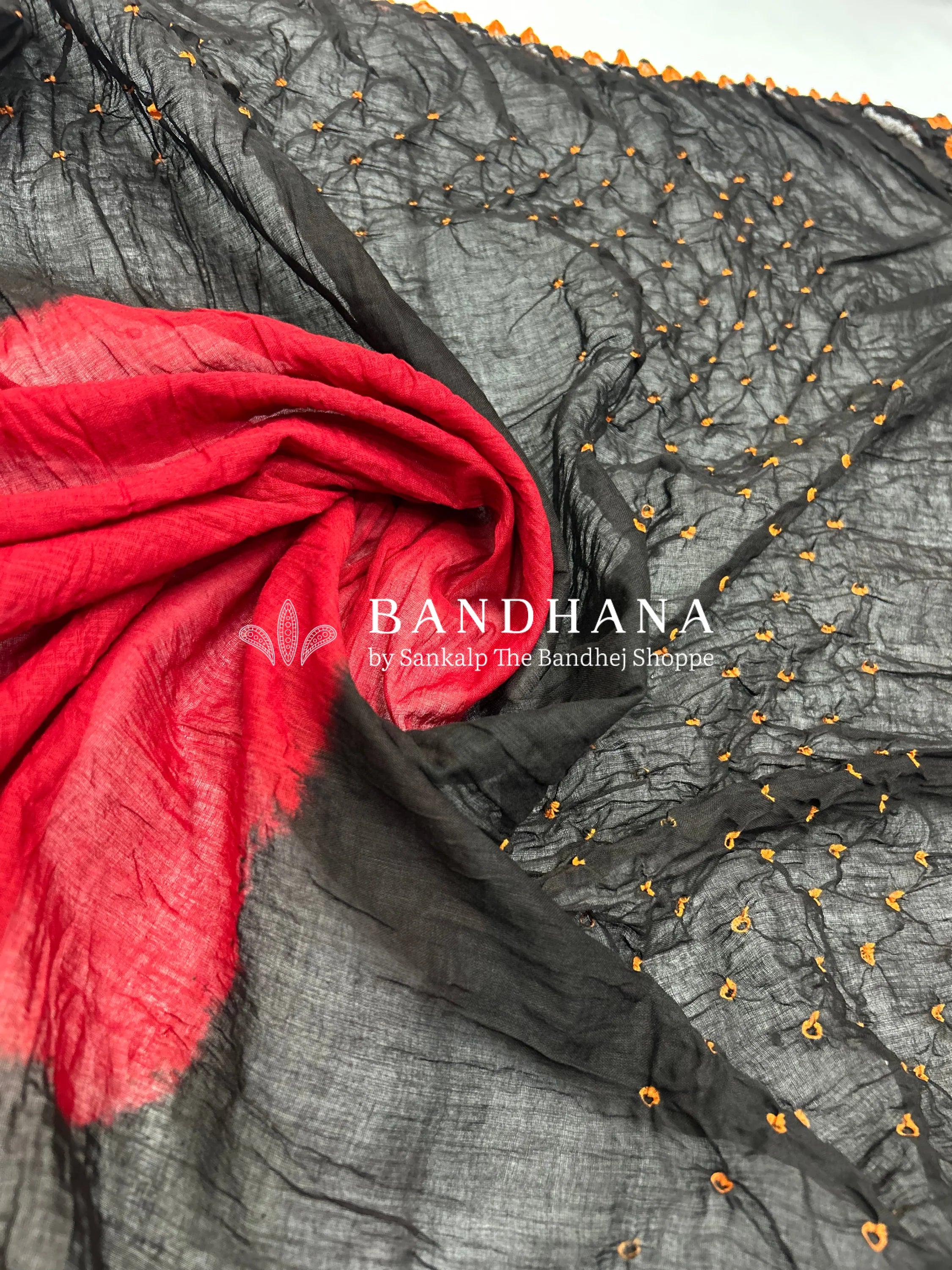 Black-Red Cotton Pandadi Bandhani Dress Material black / Cotton Dresses