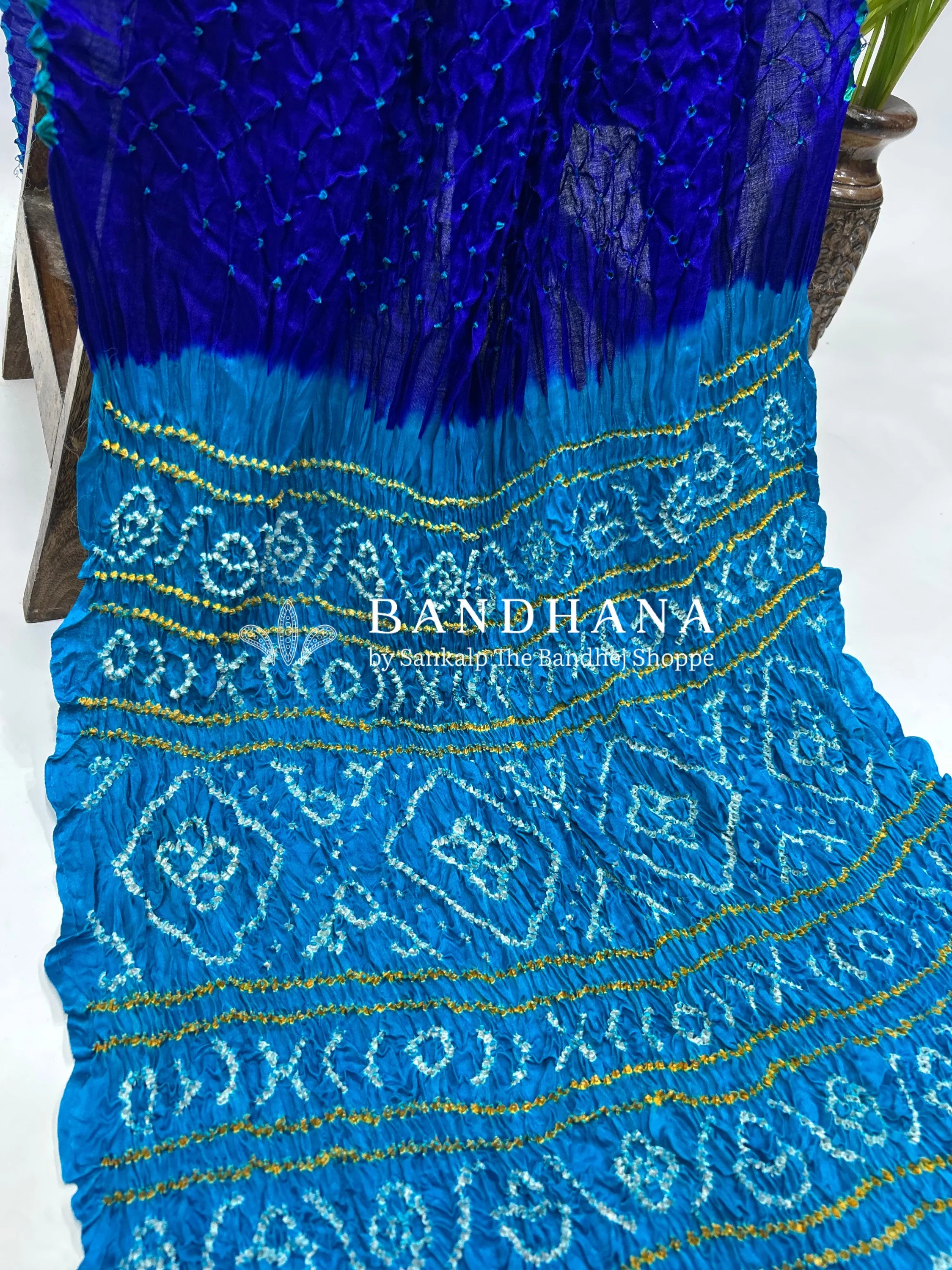 Blue Firozy Gajji Silk Contrast Colour Bandhej Single Dot Bandhani Saree Sarees