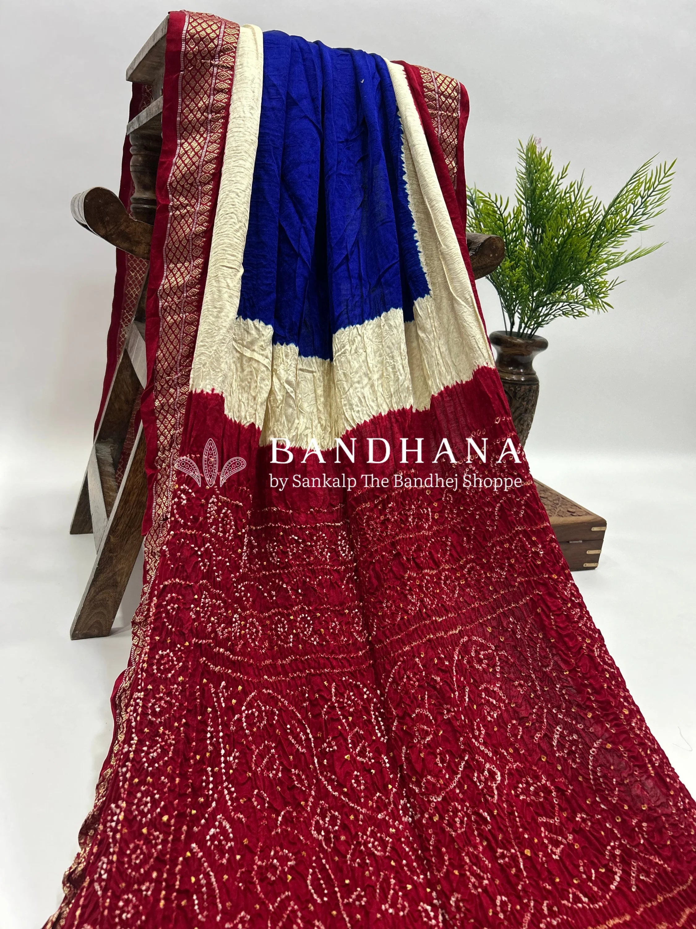 Blue- Maroon Gajji Silk Designer Gala Saree with 3 Colour Dying maroon / Gajji Silk Sarees